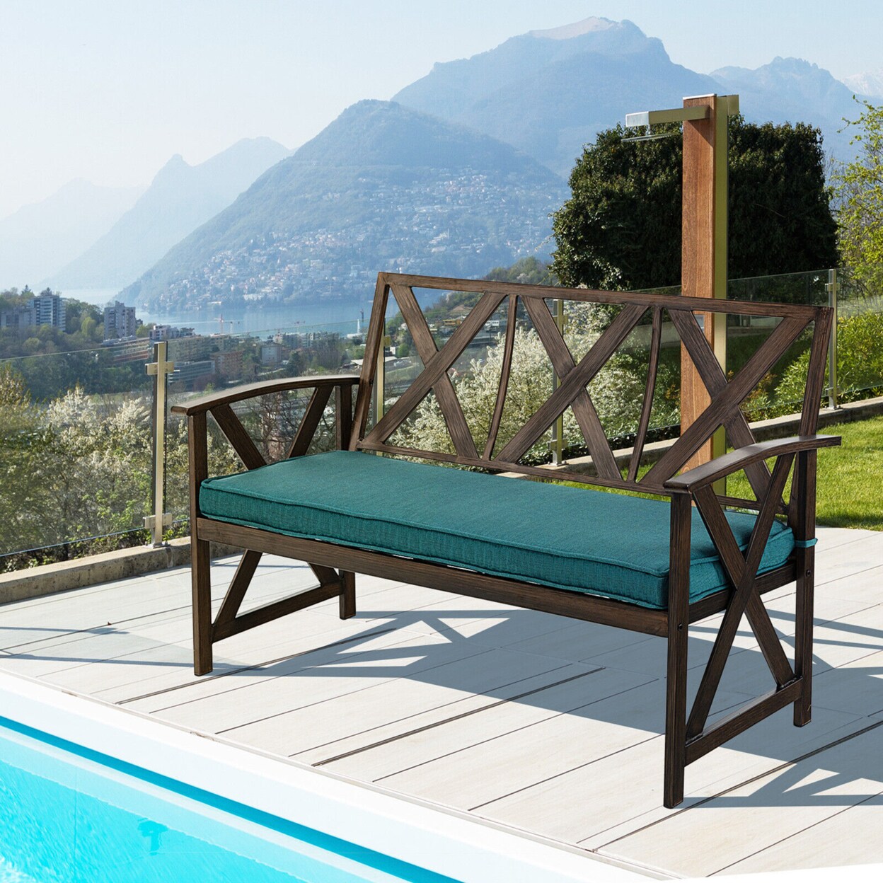 51.5 Outdoor Garden Bench Cushioned Patio Chair With Wood Grain Steel Frame