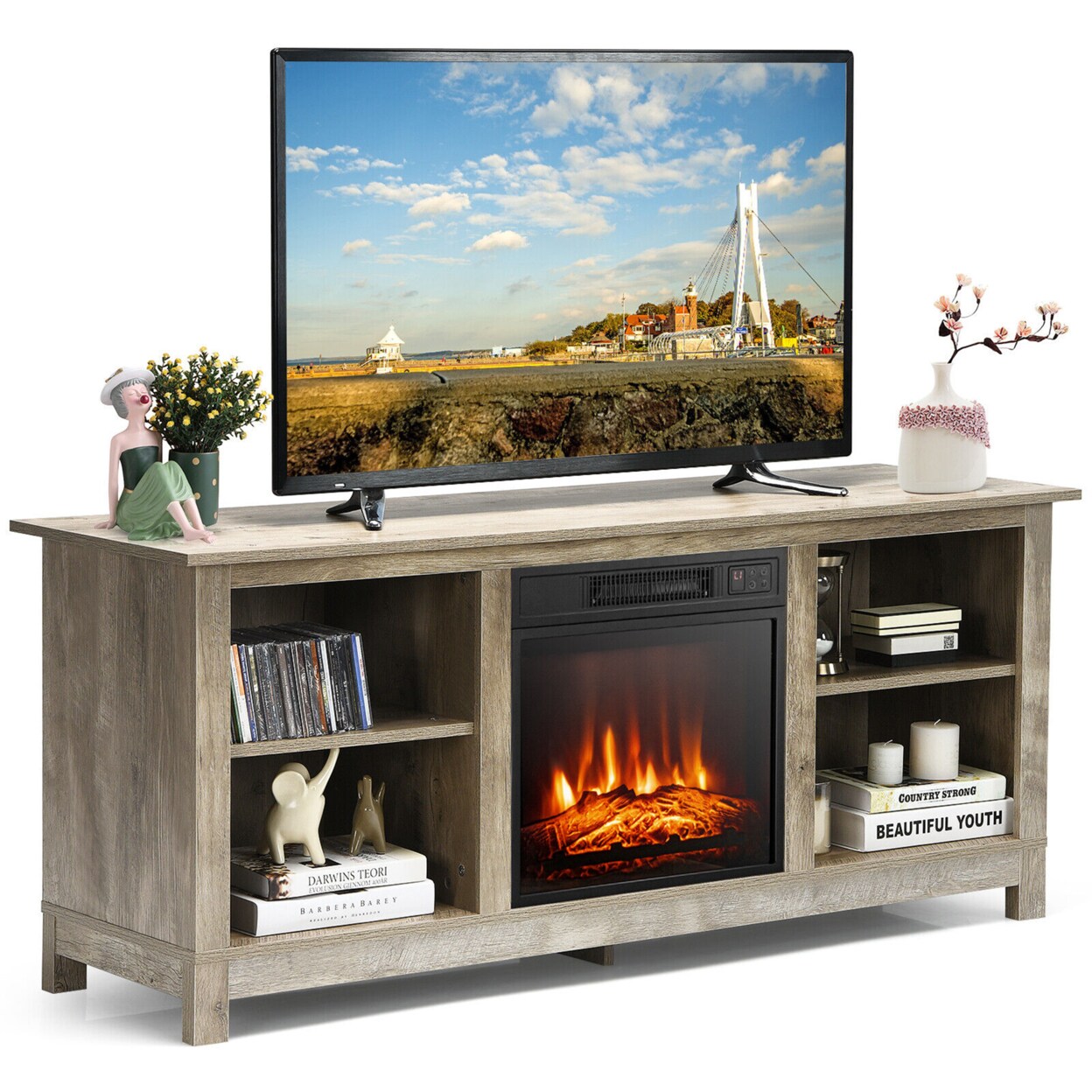 Gymax 58 2-Tier Fireplace TV Stand W/18 1400W Electric Fireplace 65 Grey