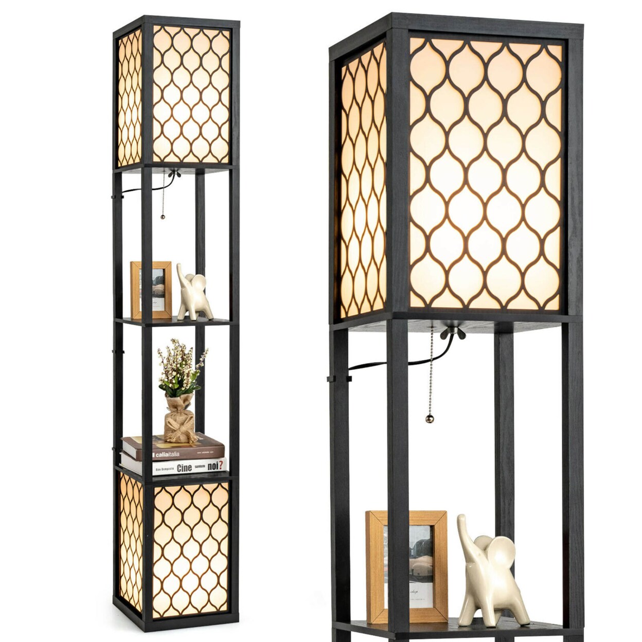 Modern Shelf Floor Lamp Freestanding Double Lamp Pull Chain And Foot Switch