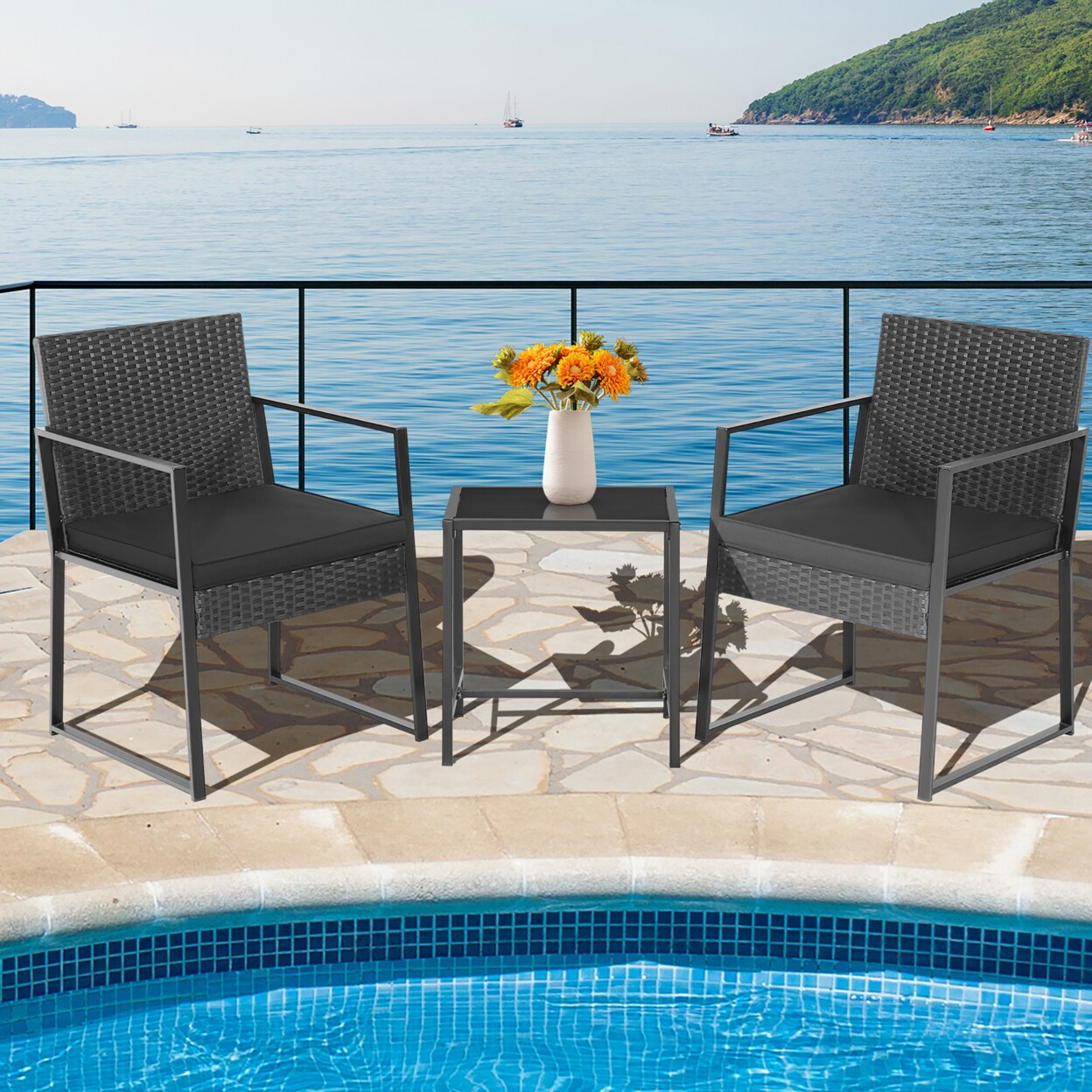 3Pcs Patio Rattan Pe Wicker Bistro Set Outdoor Furniture Set W/ Table And Cushion