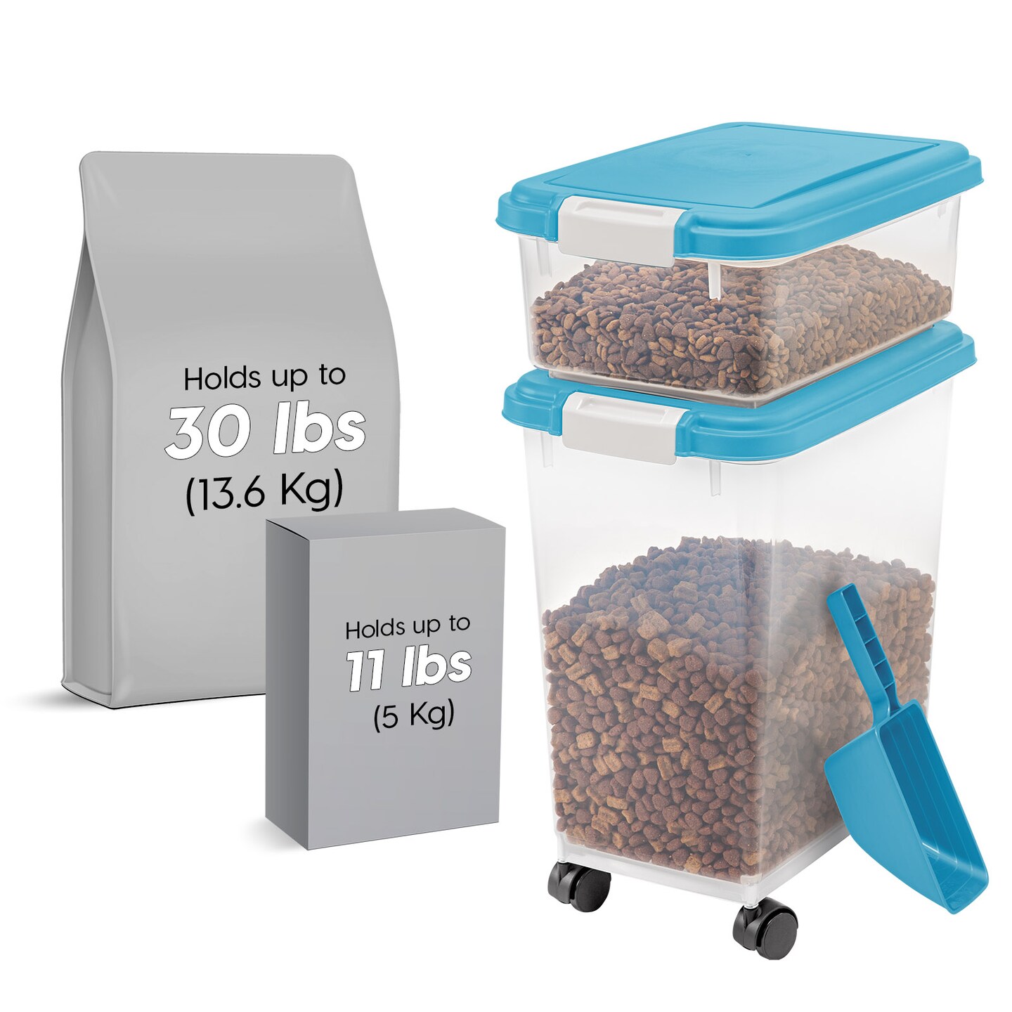IRIS USA 30lbs+11lbs Airtight Pet Food Storage Container Combo with Scoop and Casters, up to 41lbs