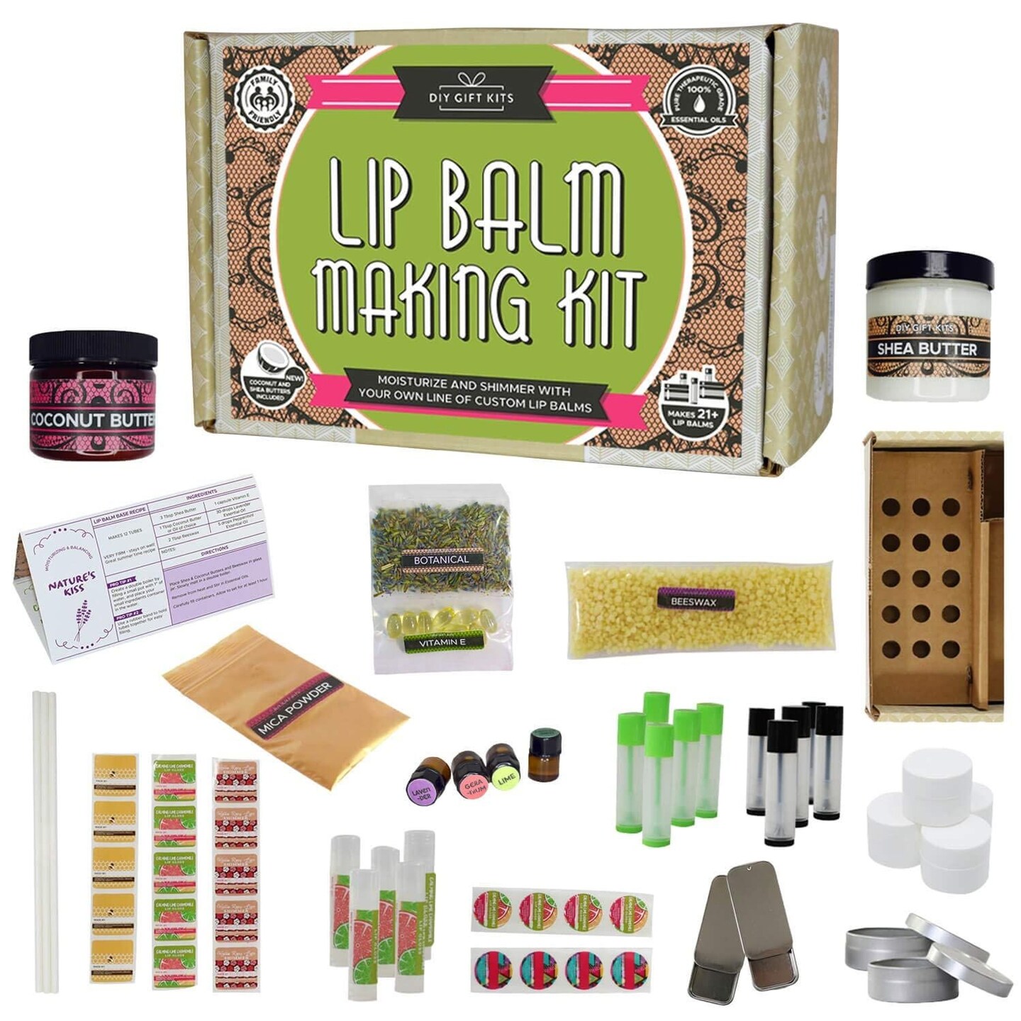 DIY Gift Kits 73-Piece DIY Lip Balm Kit | Includes All Natural &#x26; Organic Essential Oils, Shea Butter, Filling Tray &#x26; More | Makes 23 Homemade Lip Balms | For Dry &#x26; Chapped Lips | For Kids &#x26; Adults