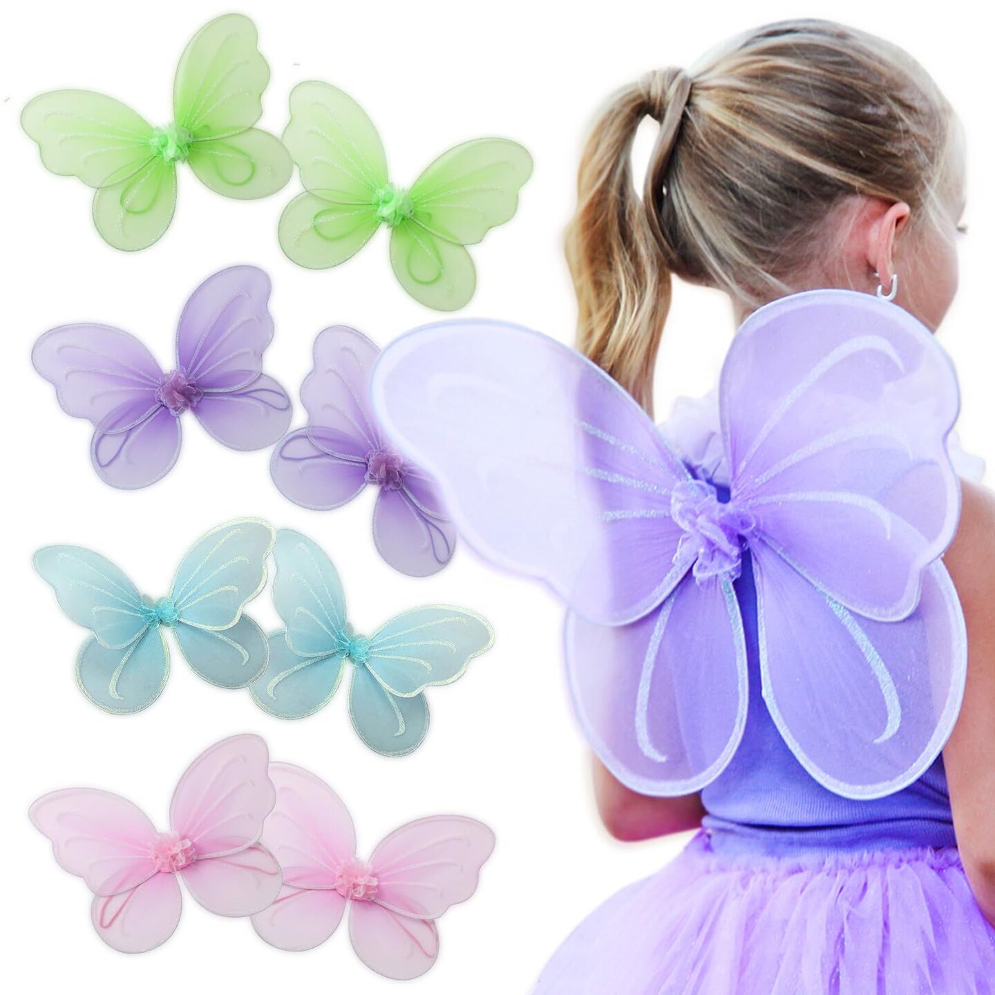 Butterfly Craze Girls&#x27; Fairy, Angel, or Butterfly Wings - Costume Accessories &#x26; Party Favors or Supplies, Make Your Little One&#x27;s Birthday Party Special, in Shades of Blue, Green, Pink, and Purple, 8pc