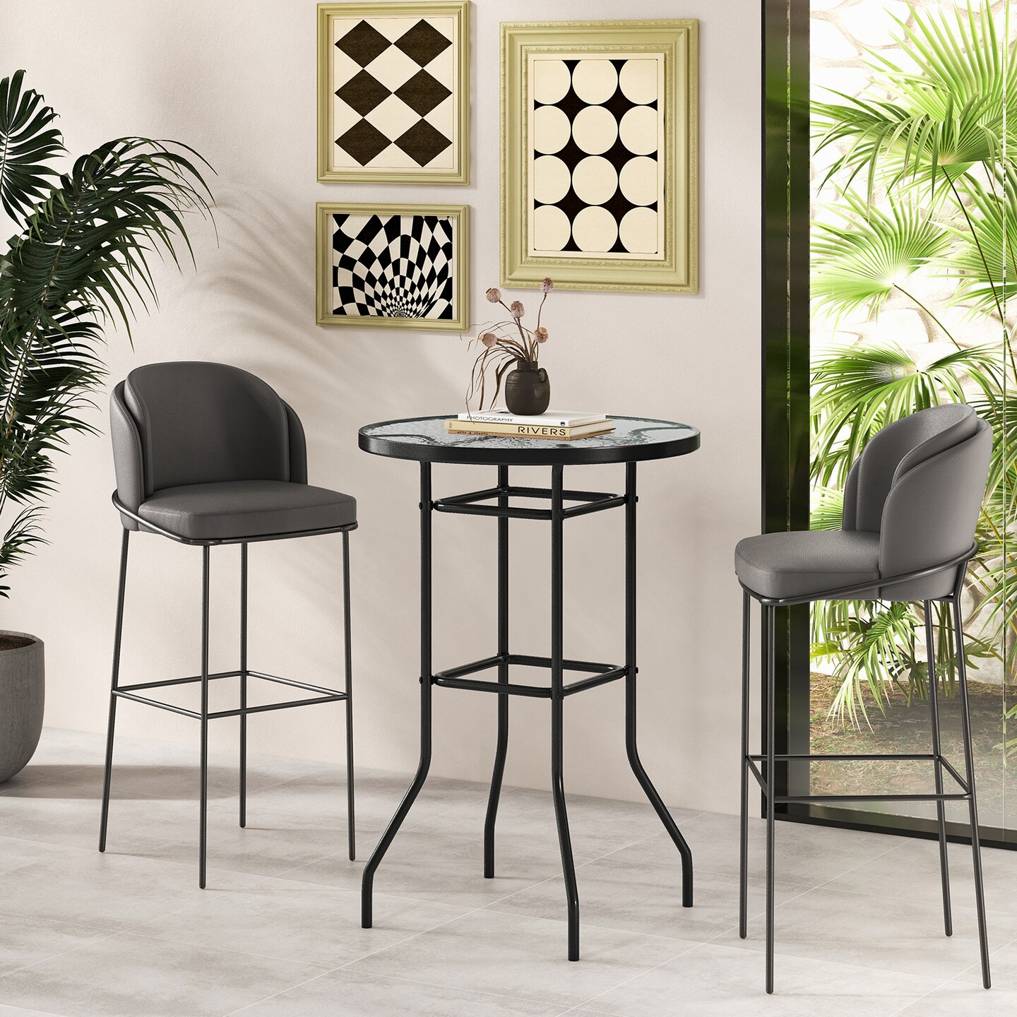 38 Inch Patio Bar Table With Tempered Glass Tabletop
