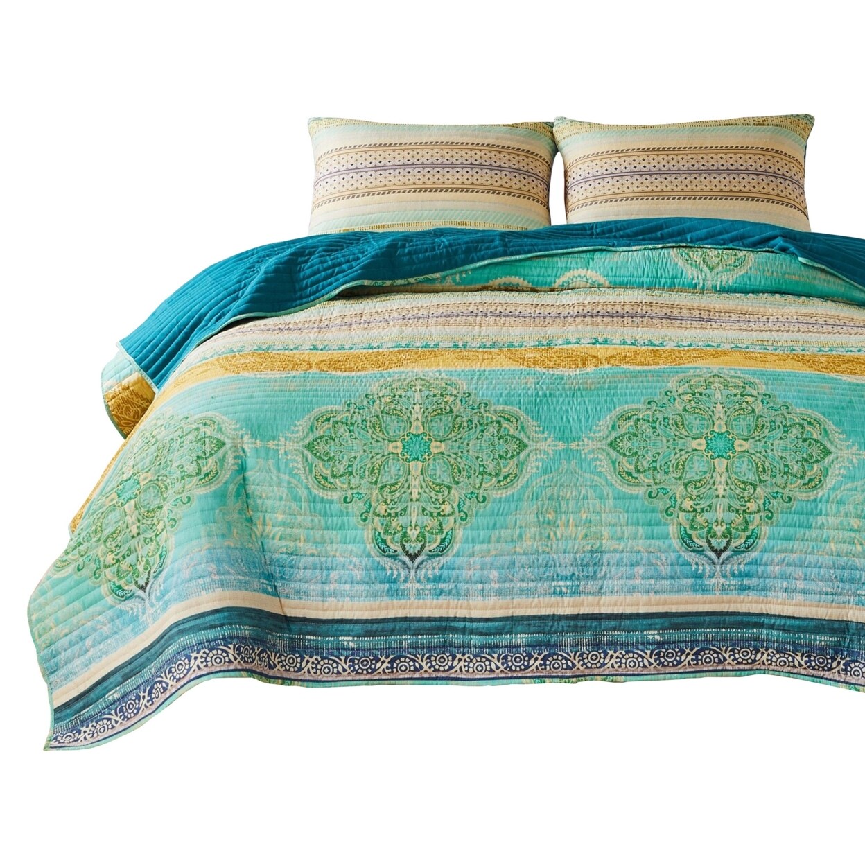 Saltoro Sherpi Dora 2 Piece Bohemian Twin Quilt Set, Medallion, Paisley, Blue, Green-