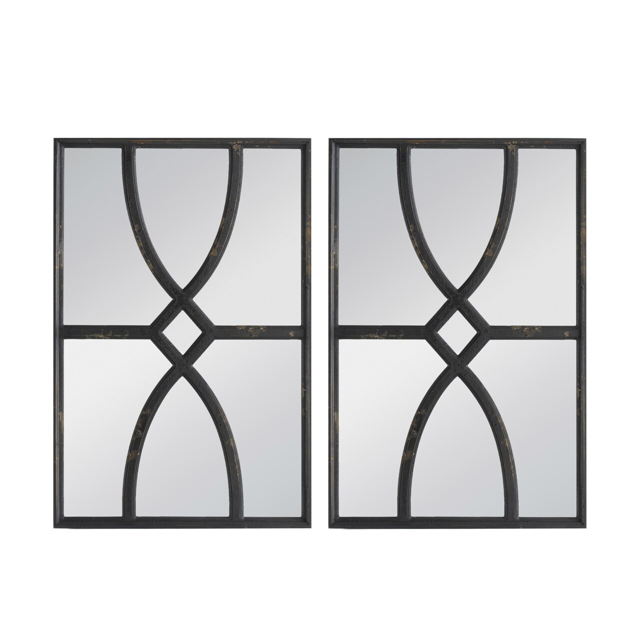 Saltoro Sherpi Tio 24 Inch Fir Wood Wall Mirror Set of 2, Geometric Overlaid Design, Black-