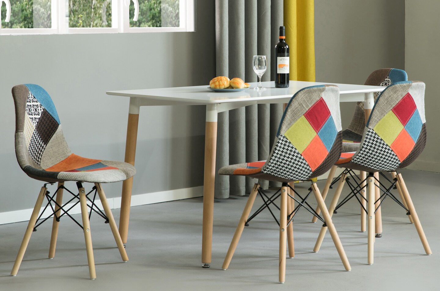 Mid-Century Modern Upholstered Plastic Multicolor Fabric Patchwork DSW Shell Dining Chair with Wooden Dowel Eiffel Legs