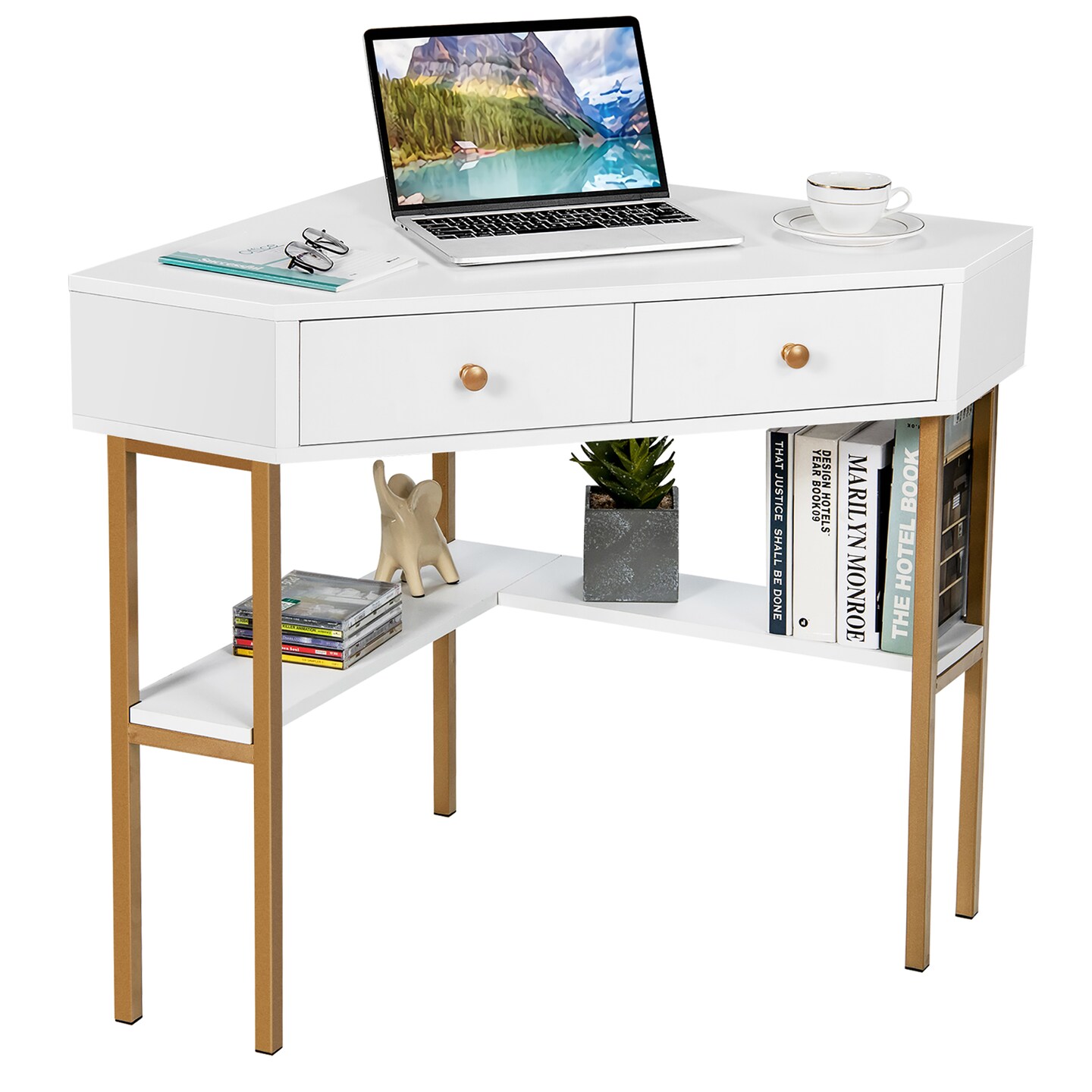 Costway Home Office Computer Desk White Study Desk Laptop Table with Drawer  & Storage Shelf