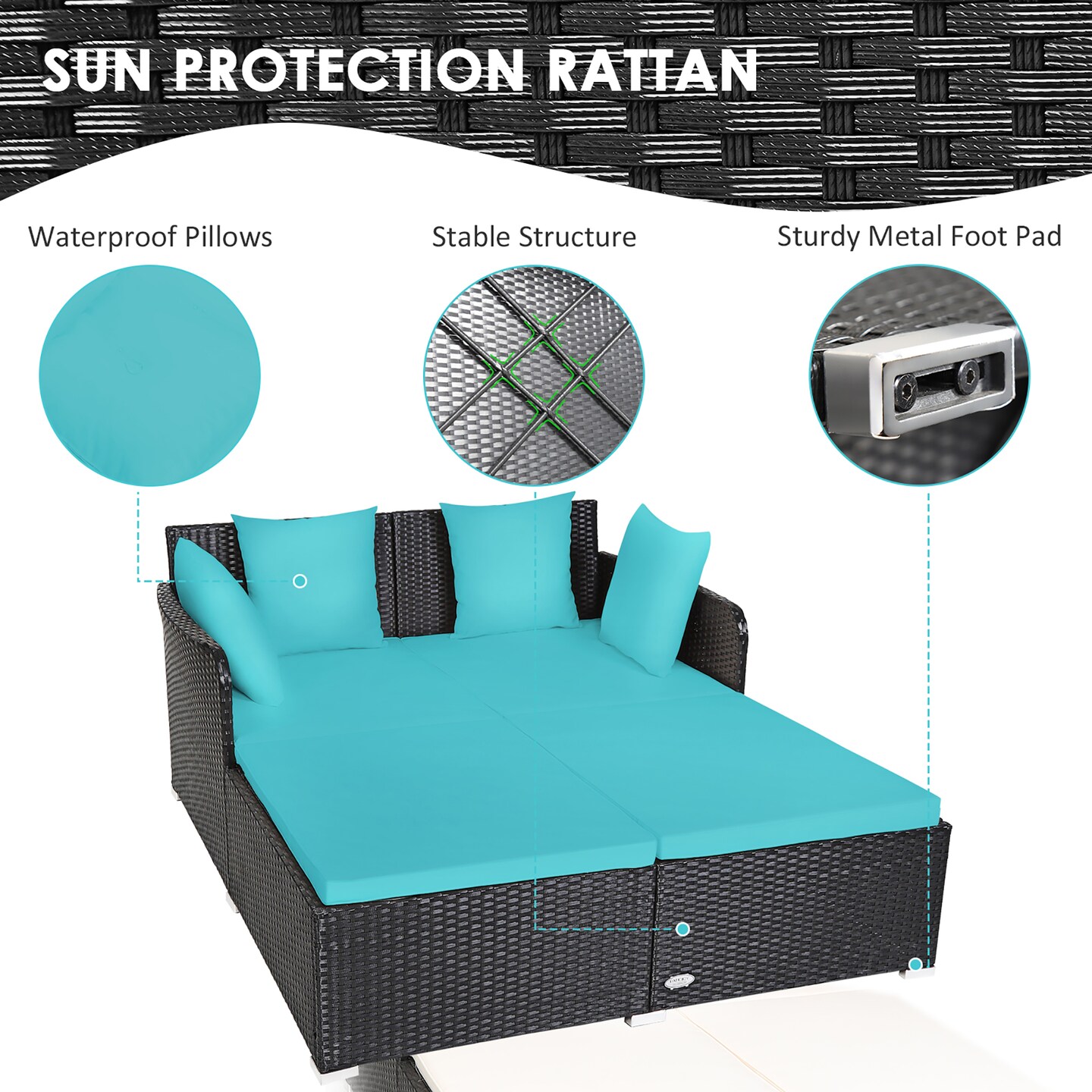 Costway Outdoor Patio Rattan Daybed Pillows Cushioned Sofa Furniture Beige/Turquoise/Red/Black