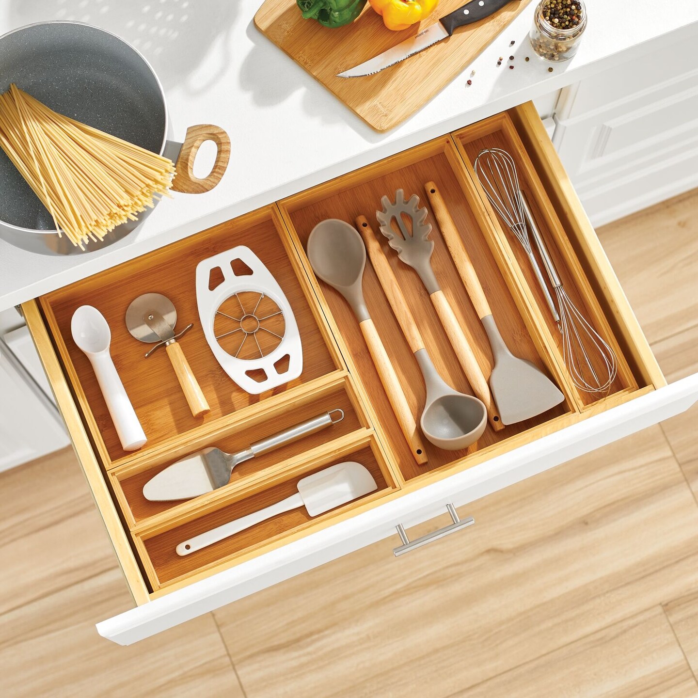 mDesign Bamboo Stackable Kitchen Drawer Organizer Tray, 6 Pack - Natural Wood mDesign