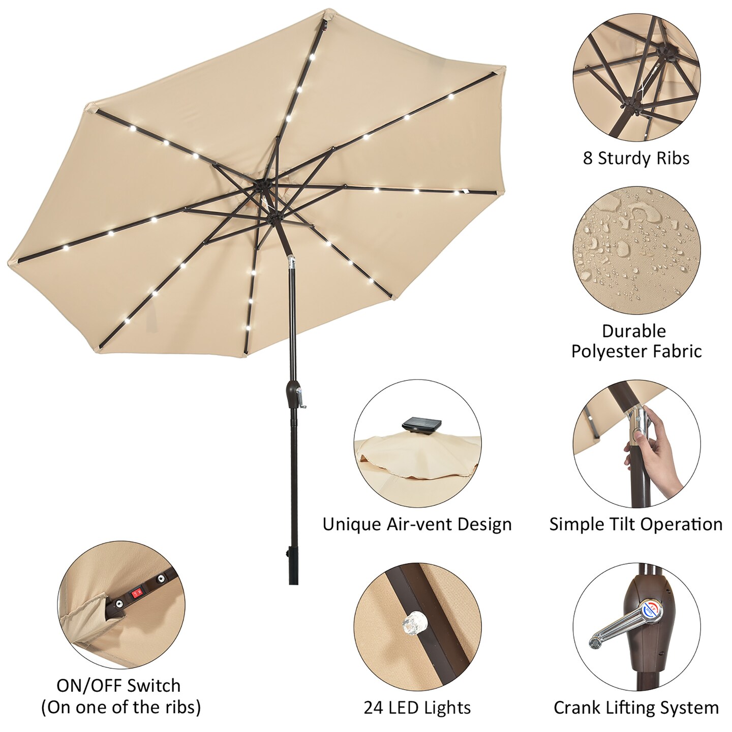 Costway 10ft Patio Solar Umbrella LED Patio Market Steel Tilt w/ Crank Outdoor Beige