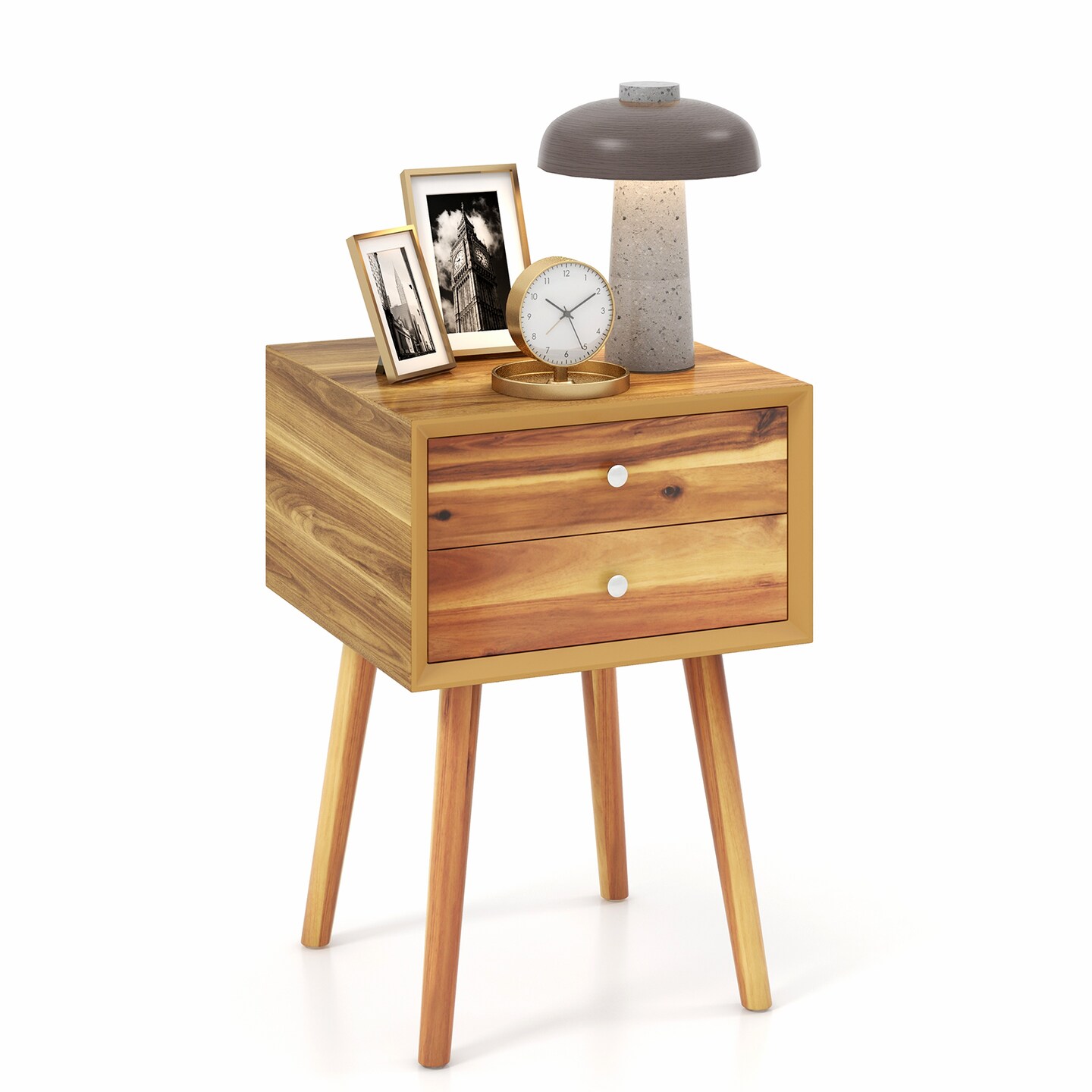 Wooden End Table with 2 Storage Drawers Mid-Century Modern Nightstand