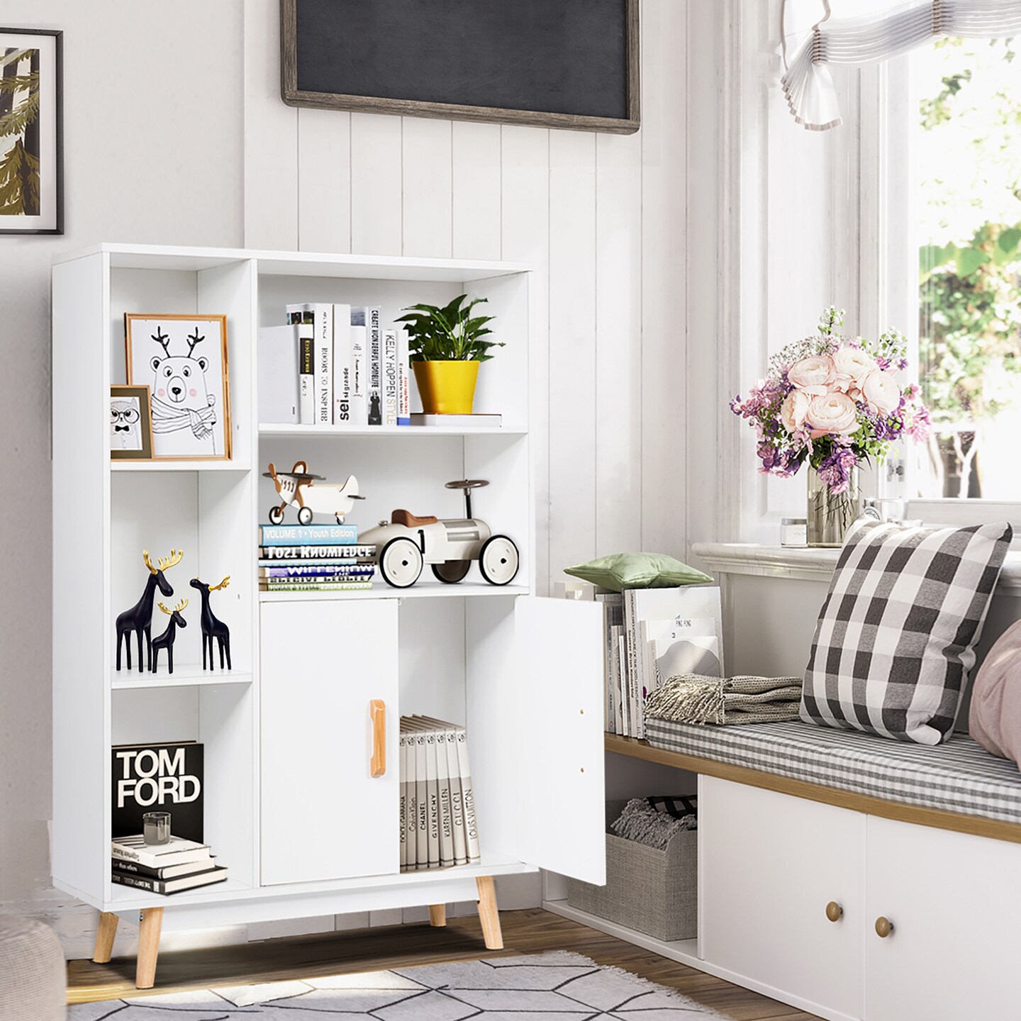 Costway Floor Storage Cabinet Free Standing Wooden Display Bookcase Side Decor Furniture