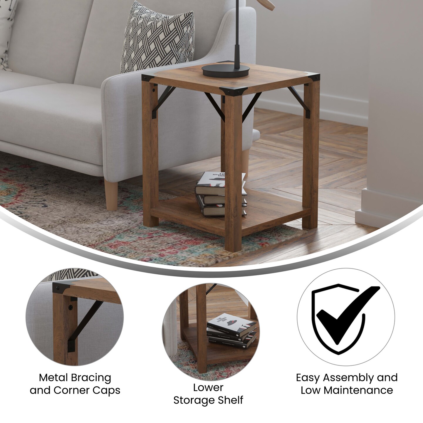 Merrick Lane Green River Modern Farmhouse Engineered Wood End Table and Powder Coated Steel Accents