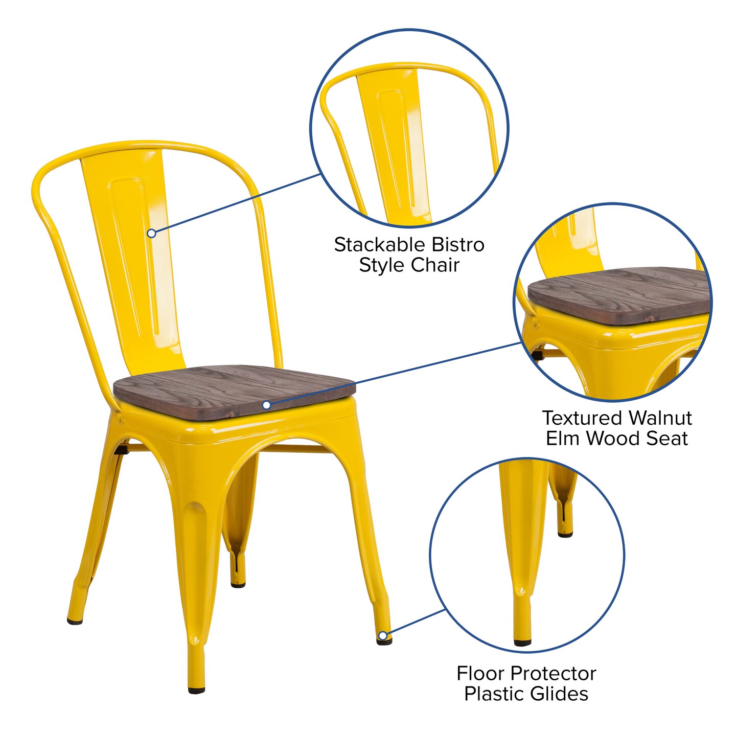 Merrick Lane Amsterdam Series Dining Chair - Blue Metal Frame - Textured Wooden Seat - Slatted, Curved Back