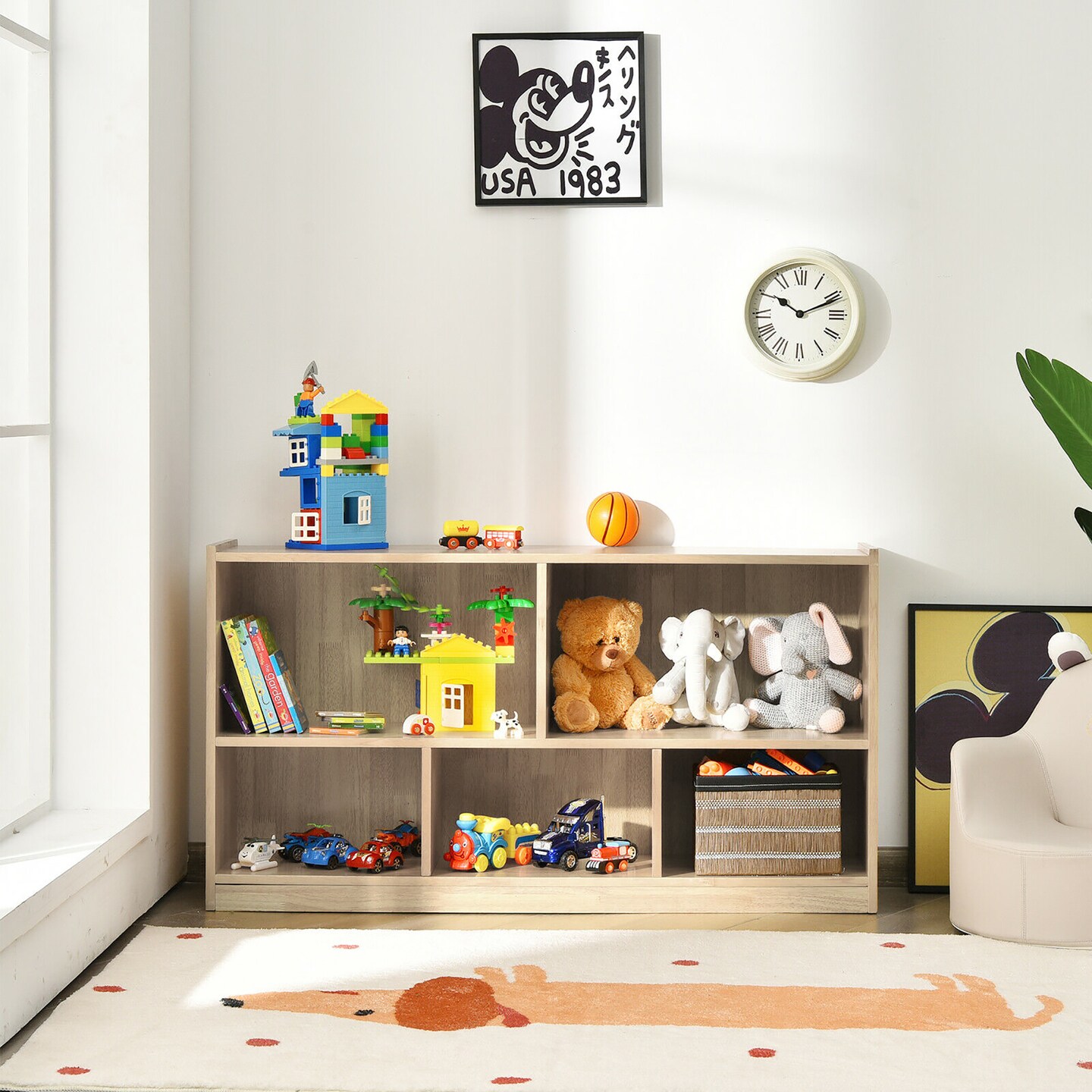 Costway Kids 5-Cube Storage Cabinet 2-Shelf Wood Bookcase Organizer Natural