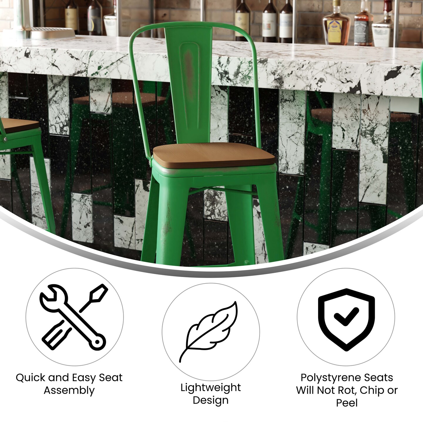 Emma and Oliver Nova Distressed Metal Stools with Backs and Polystyrene Seats for Indoor/Outdoor Use