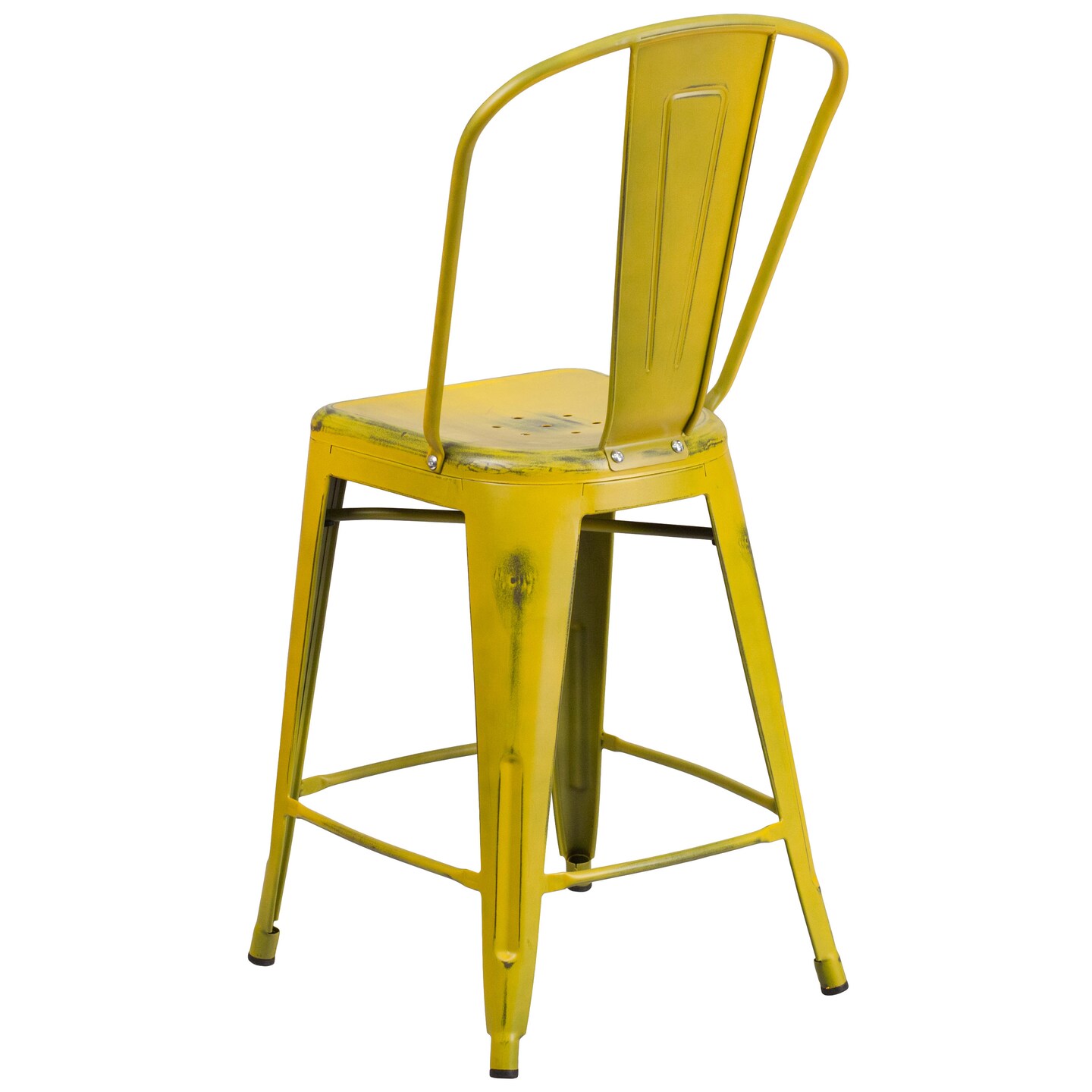 Emma and Oliver Commercial Grade 4 Pack 24" High Distressed Metal Indoor-Outdoor Counter Height Stool with Back