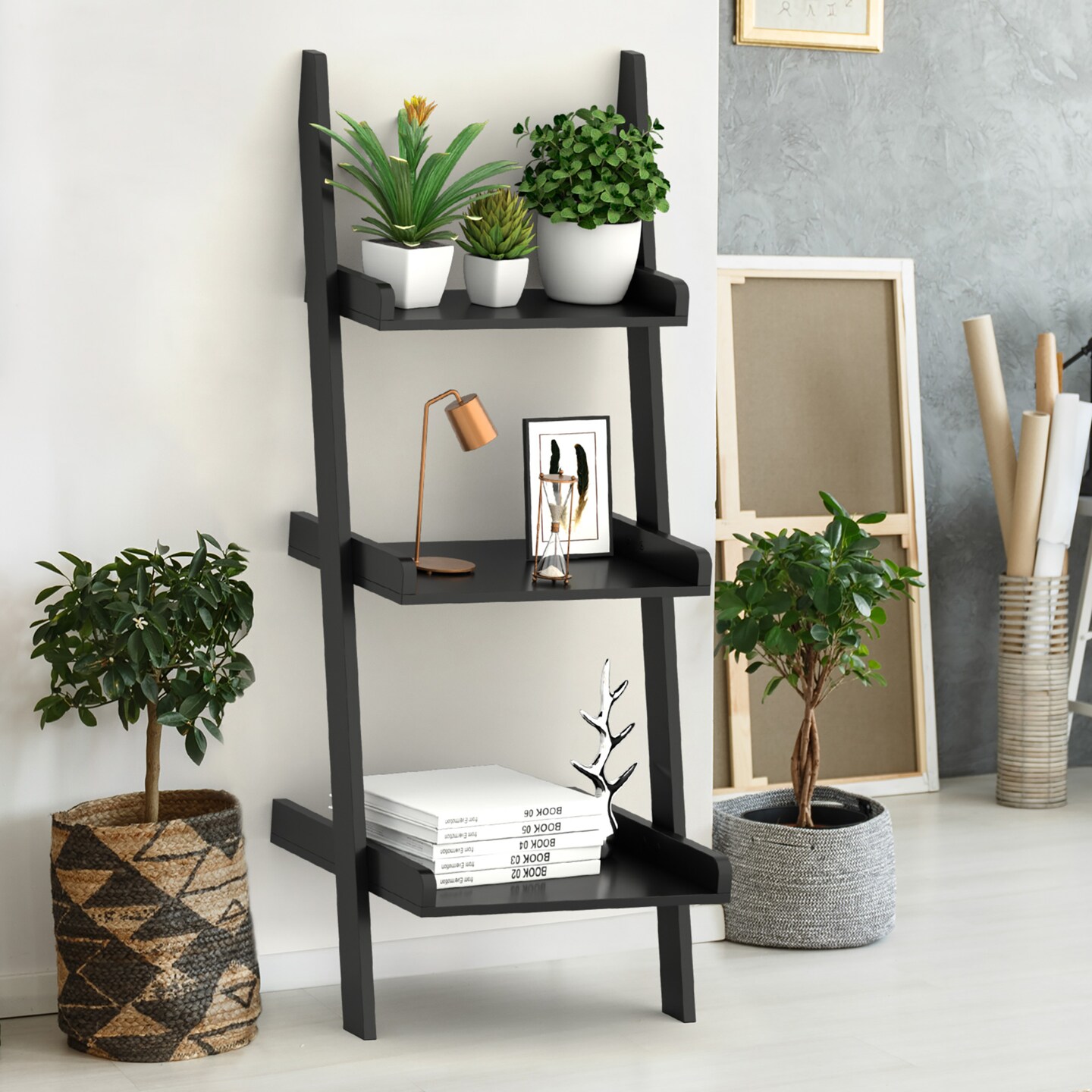 Costway 3 Tier Leaning Rack Wall Ladder Book Shelf Bookcase Storage Display Multipurpose