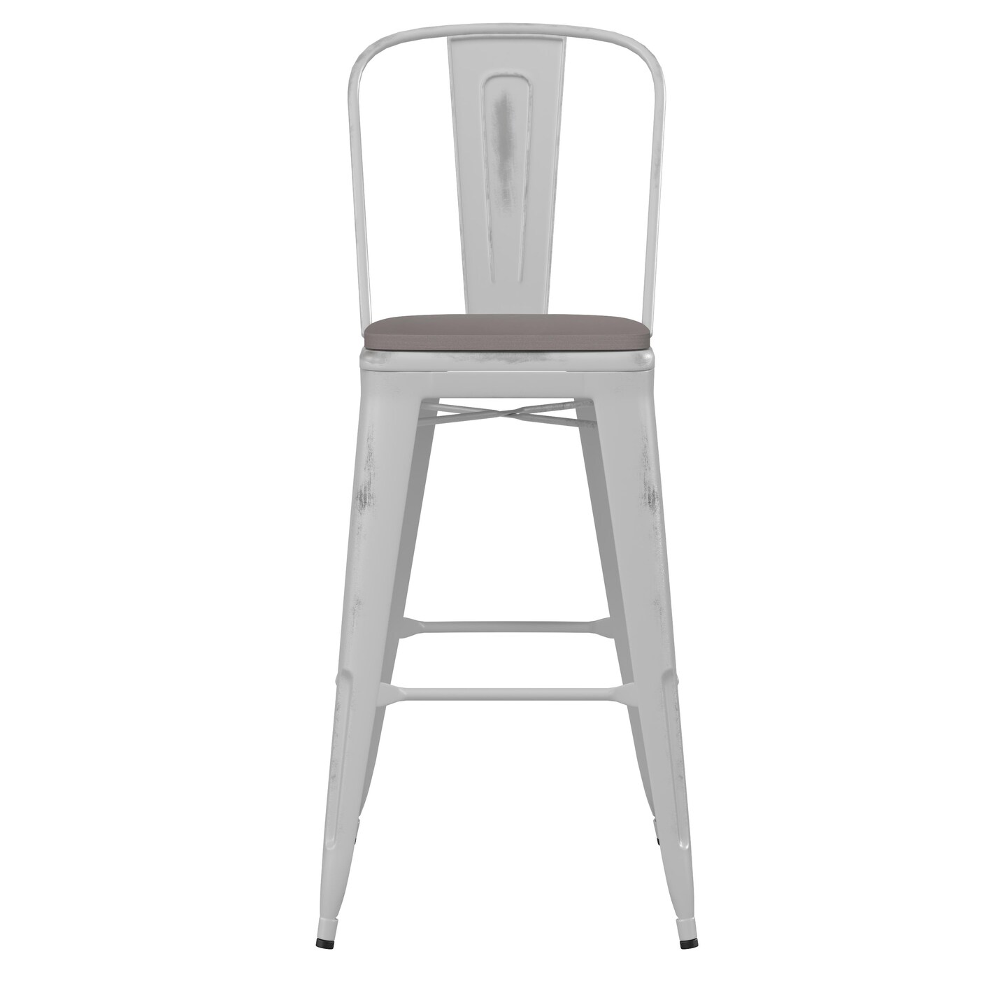 Emma and Oliver Nova Distressed Metal Stools with Backs and Polystyrene Seats for Indoor/Outdoor Use