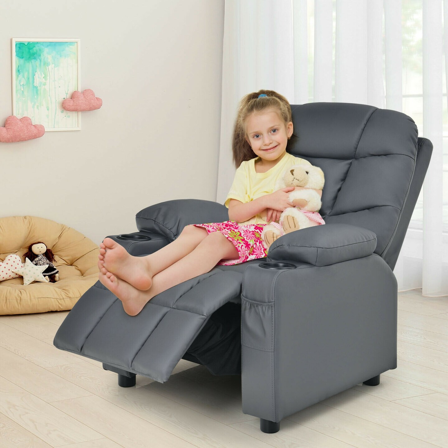 Kids Recliner Chair with Cup Holders Suitable for Children's Room, Living Room and Bedroom