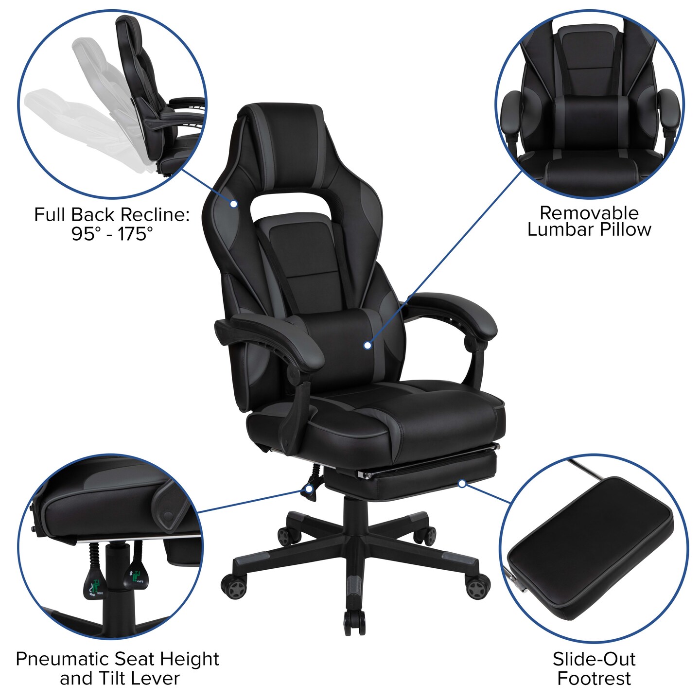 Emma and Oliver Gaming Desk Set - Cup/Headset Holder/Reclining & Footrest