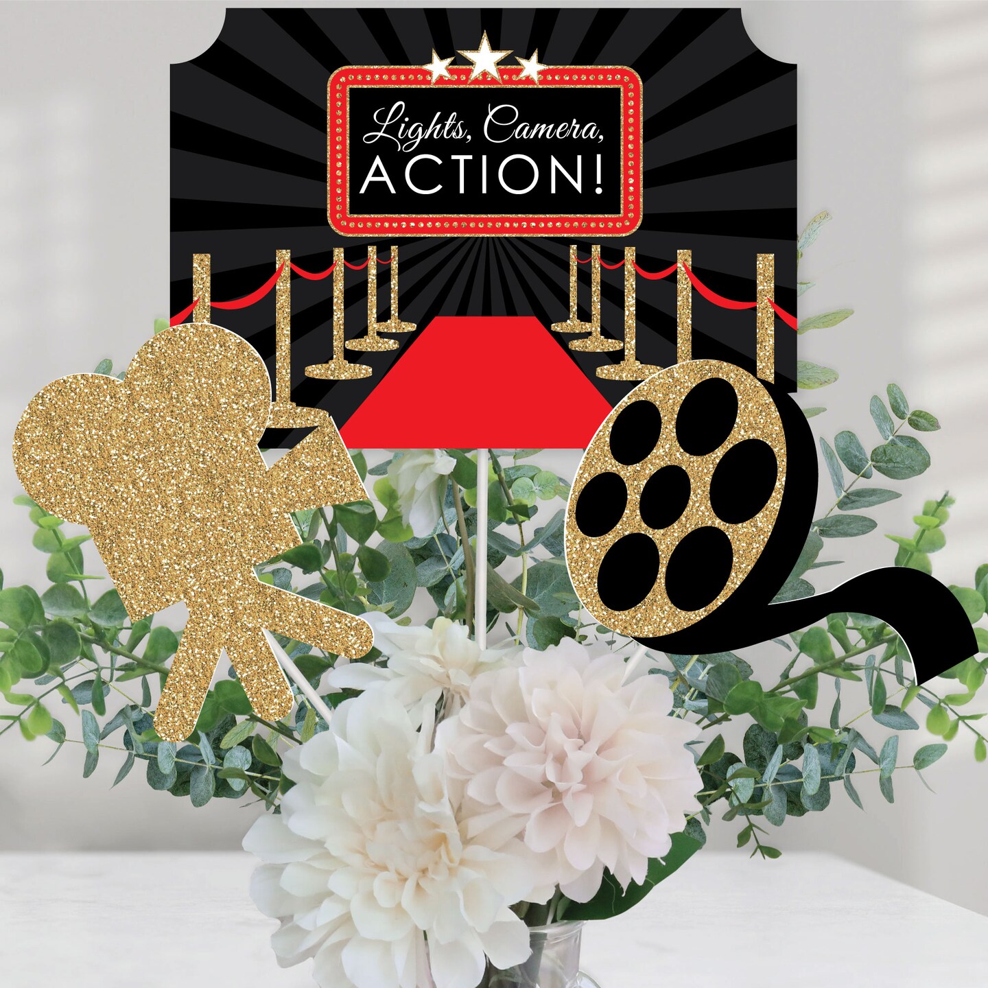 Big Dot of Happiness Red Carpet - Movie Night Party Centerpiece Sticks - Table Toppers - Set of 15