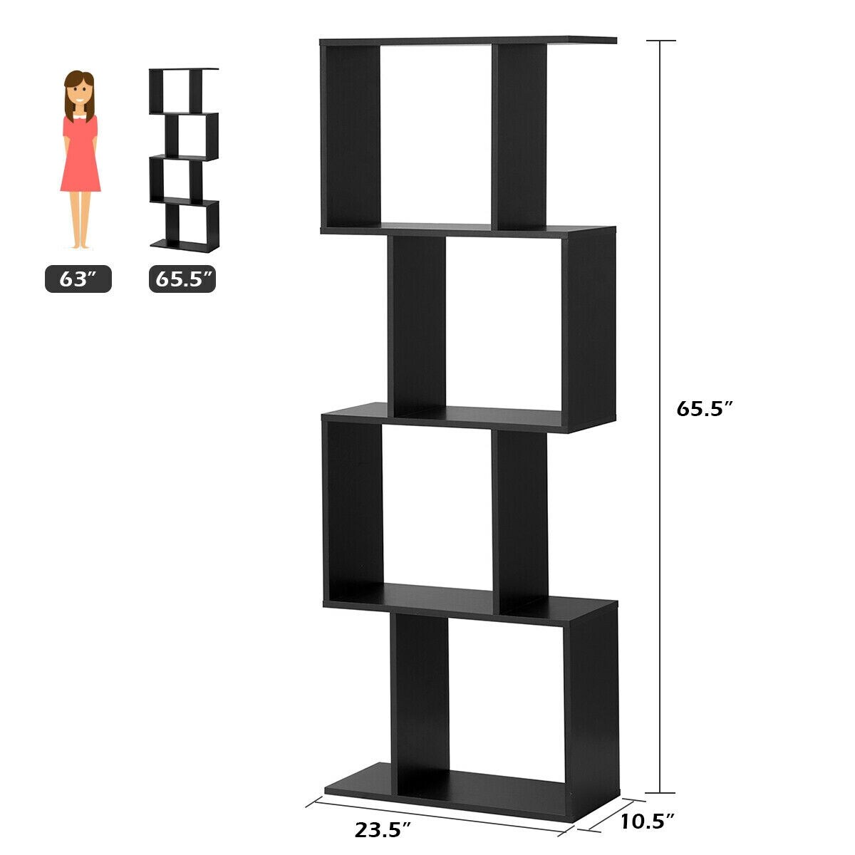Black MDF Particle Board S-Shaped Bookcase and Display Rack