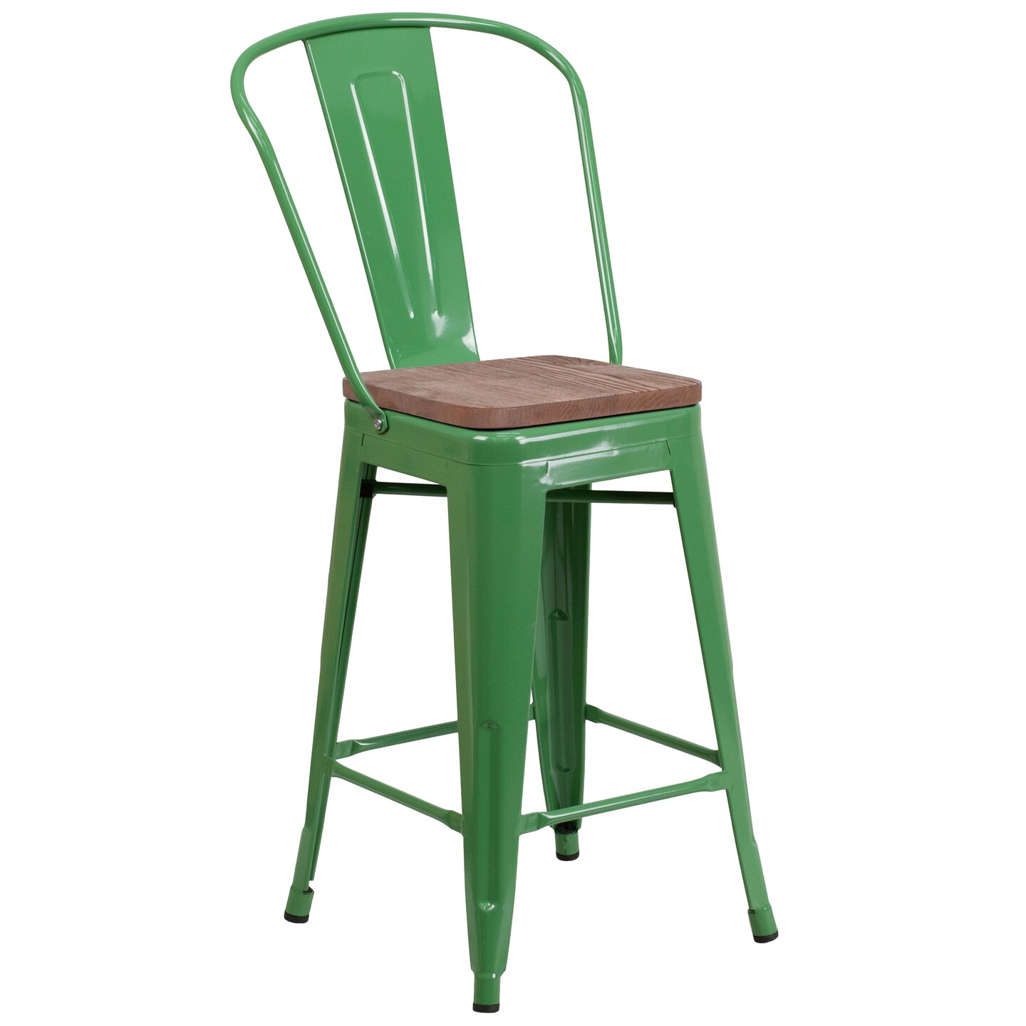 Merrick Lane Donnely Metal Dining Stool with Curved Slatted Back and Textured Wood Seat
