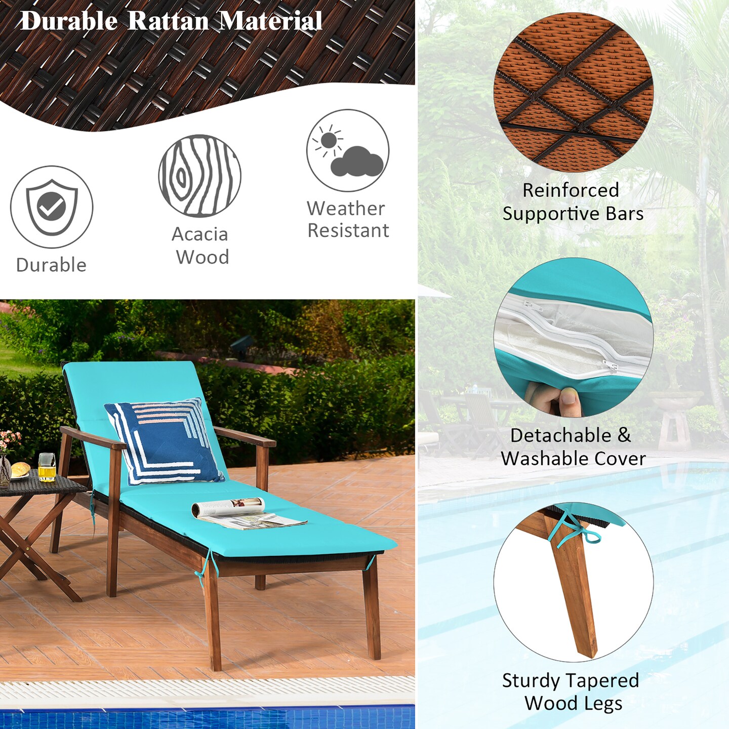 Costway 3PCS Patio Rattan Lounge Chair Folding Table Set Chaise Wood Cushioned White\Turquoise