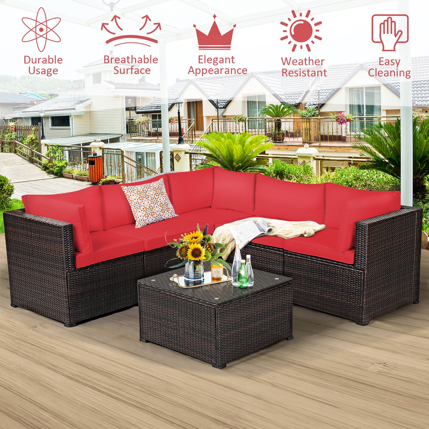 Costway 6PCS Rattan Patio Sectional Sofa Conversation Set Outdoor