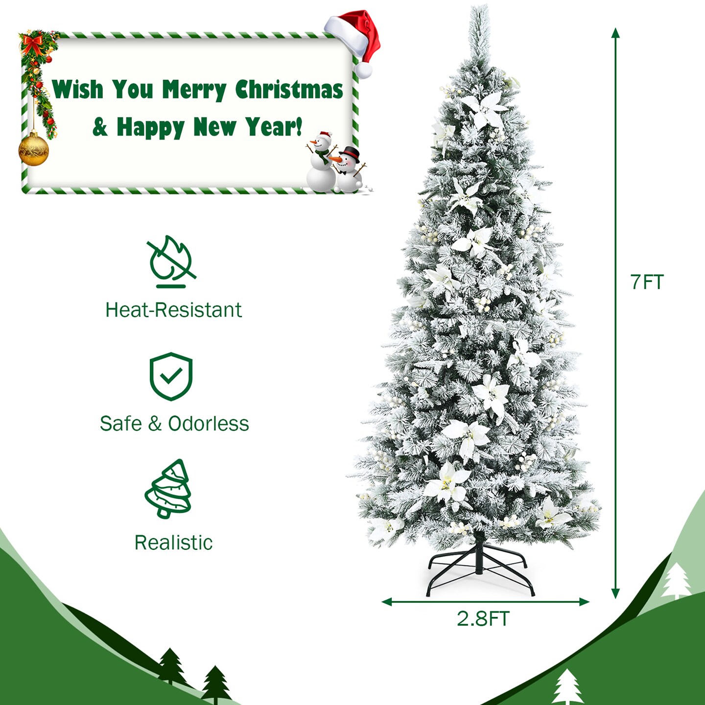 Costway 5ft/6ft/7ft/8ft Snow Flocked Christmas Pencil Tree w/ Berries &#x26; Poinsettia Flowers