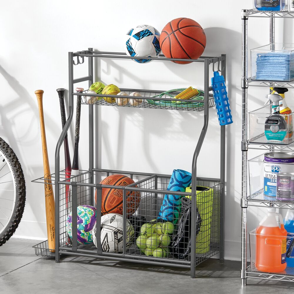 mDesign Metal Heavy Duty Garage Sports Storage Rack with Top Shelf
