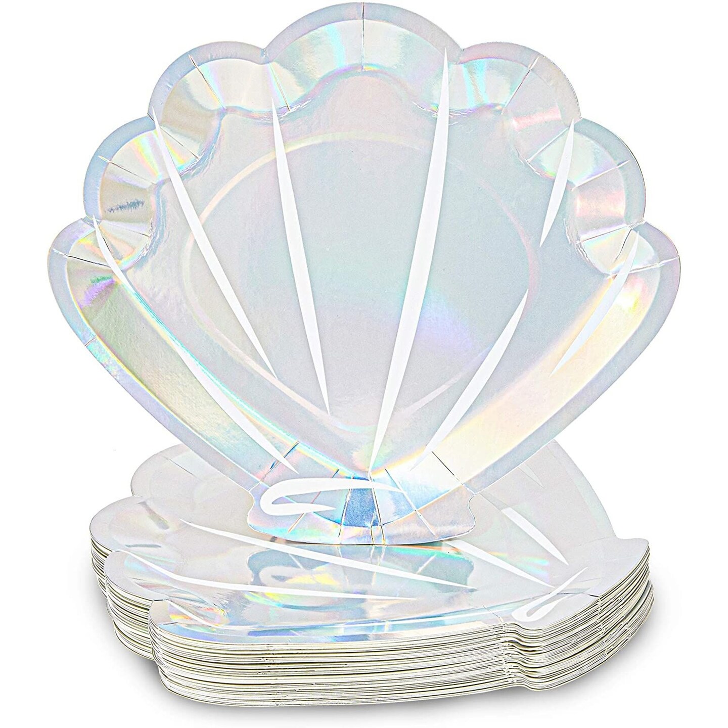 48 Pack Holographic Seashell Plates for Girls Mermaid Birthday Party Supplies, Silver Foil Design (9 In)