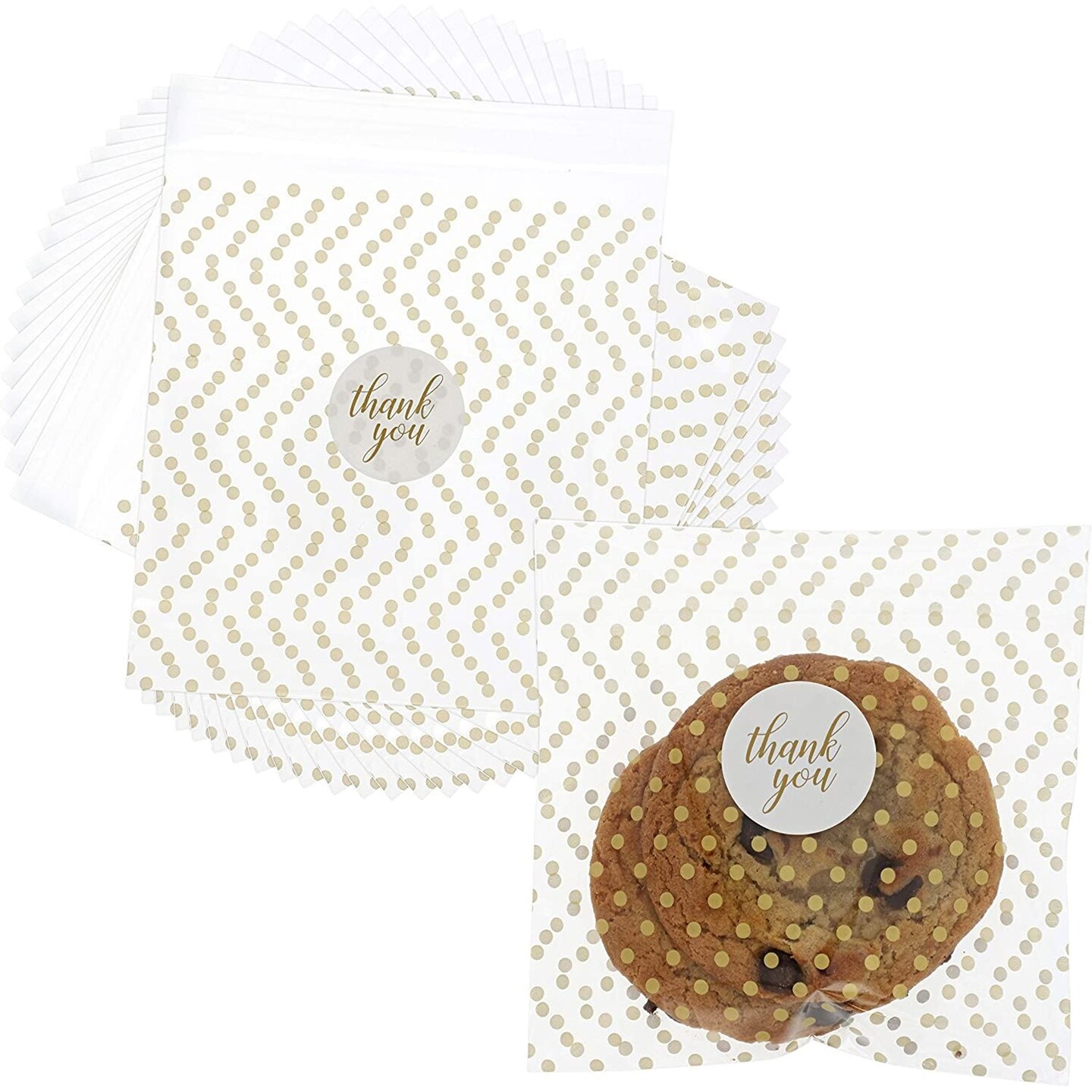 250-Pack 4x6-Inch Clear Cellophane Cookie Bags with Gold Foil Polka Dots and 1.5-Inch White Round &#x22;Thank You&#x22; Stickers with Gold Foil Cursive Font, Plastic Treat Bags with Sealable Flap