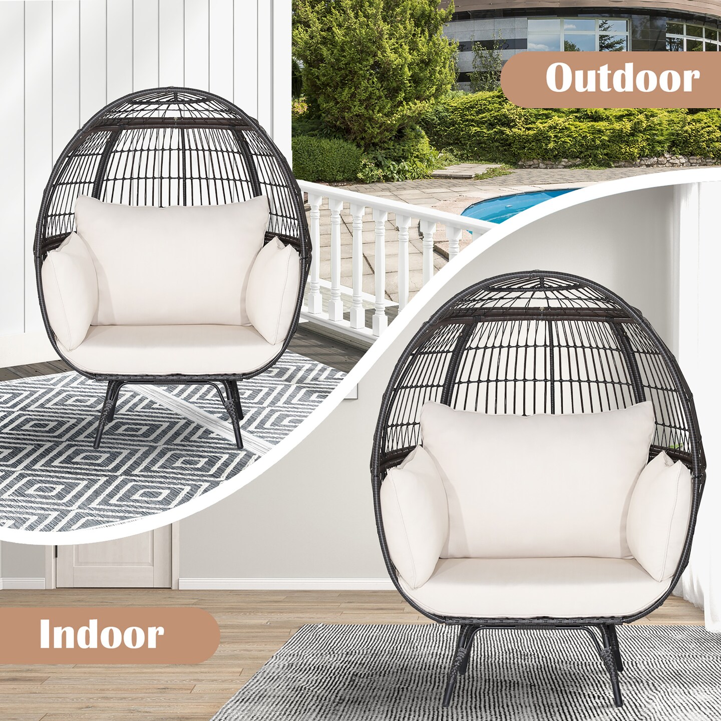 Costway Patio Oversized Rattan Wicker Egg Chair Lounge Basket 4 Cushion Indoor &#x26; Outdoor