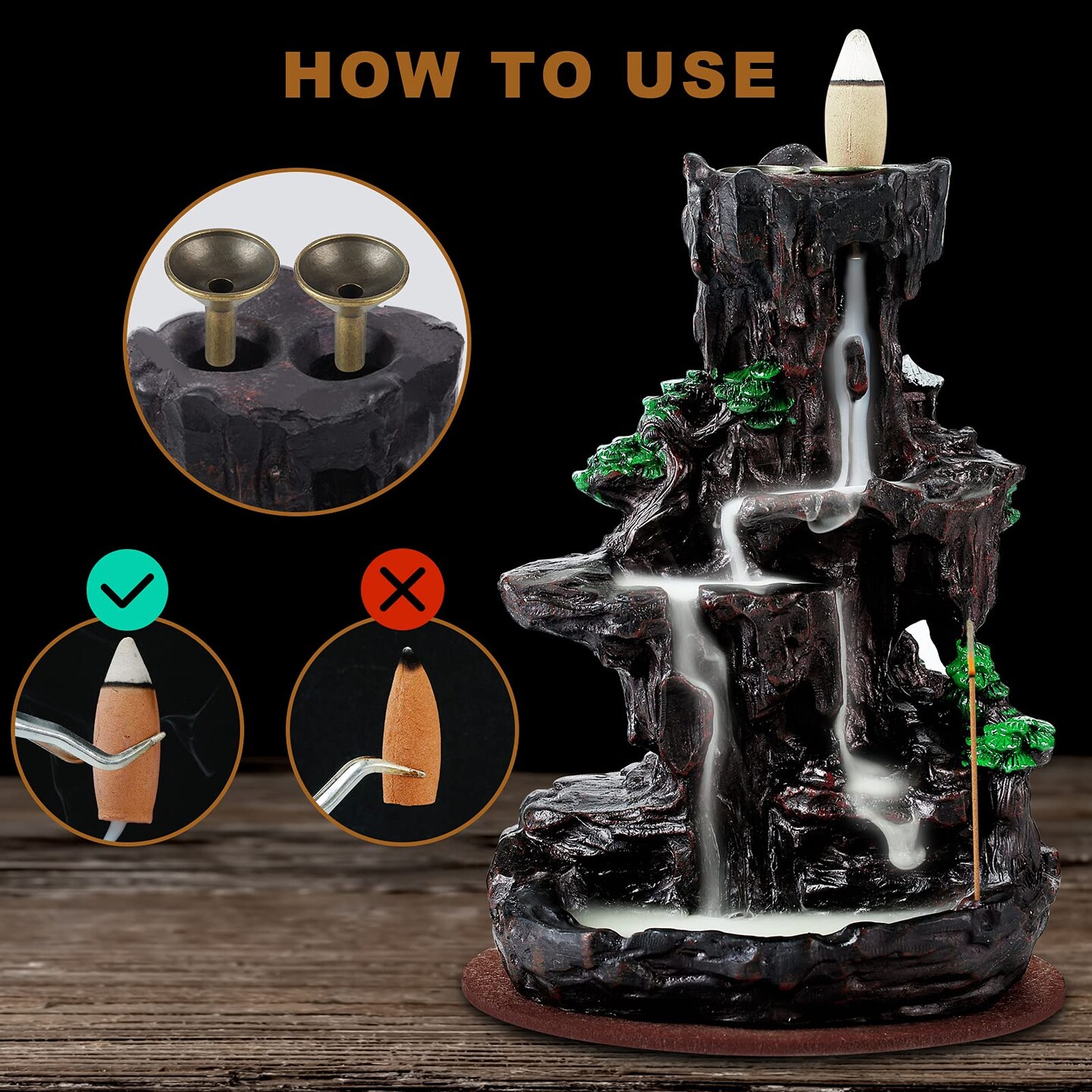 SPACEKEEPER Incense Burner, Backflow Holder Waterfall 2 Sides, with 120 Cones, 30 Sticks, Aromatcherapy Ornamen