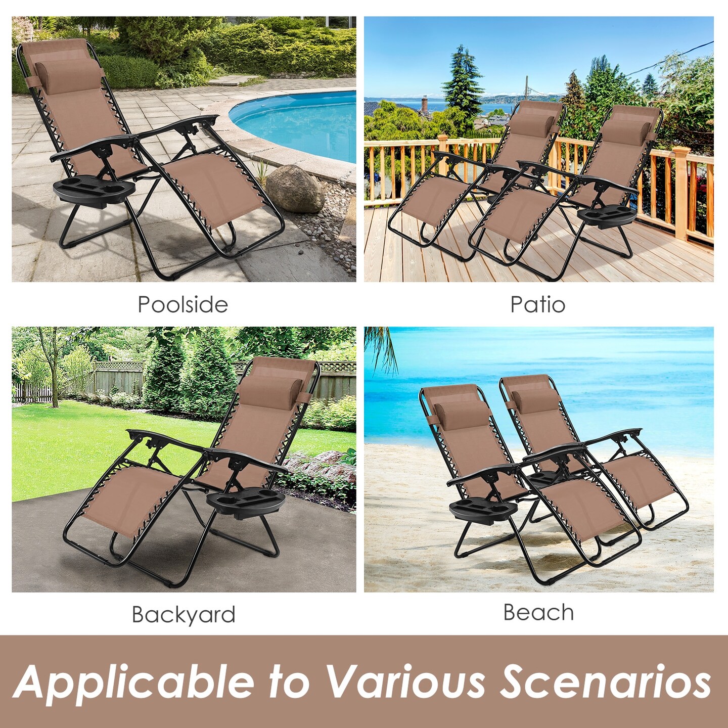 Outdoor Folding Zero Gravity Reclining Lounge Chair with Utility Tray