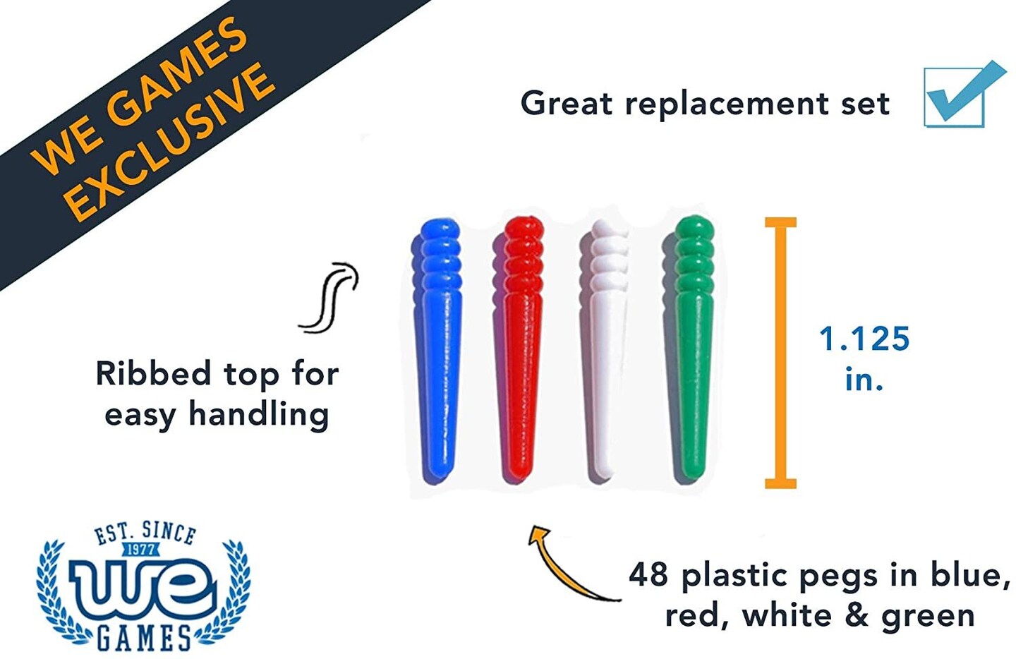 WE Games 48 Standard Plastic Cribbage Pegs w/ a Tapered Design in 4 Colors - Red, Blue, Green &#x26; White