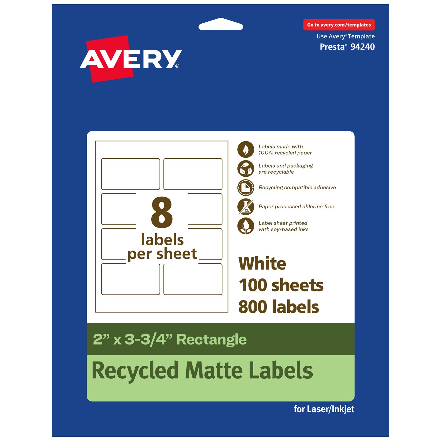 Avery Recycled Matte White Labels,  2&#x22; x 3-3/4&#x22; Rectangle