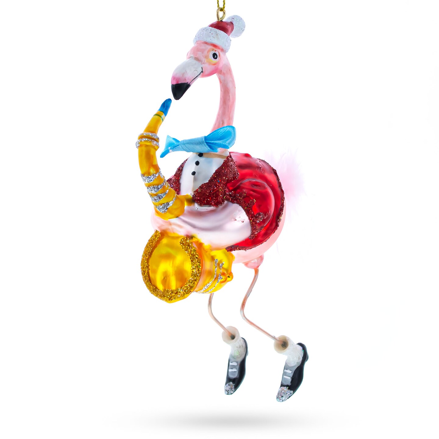 Flamingo Playing Saxophone Glass Christmas Ornament