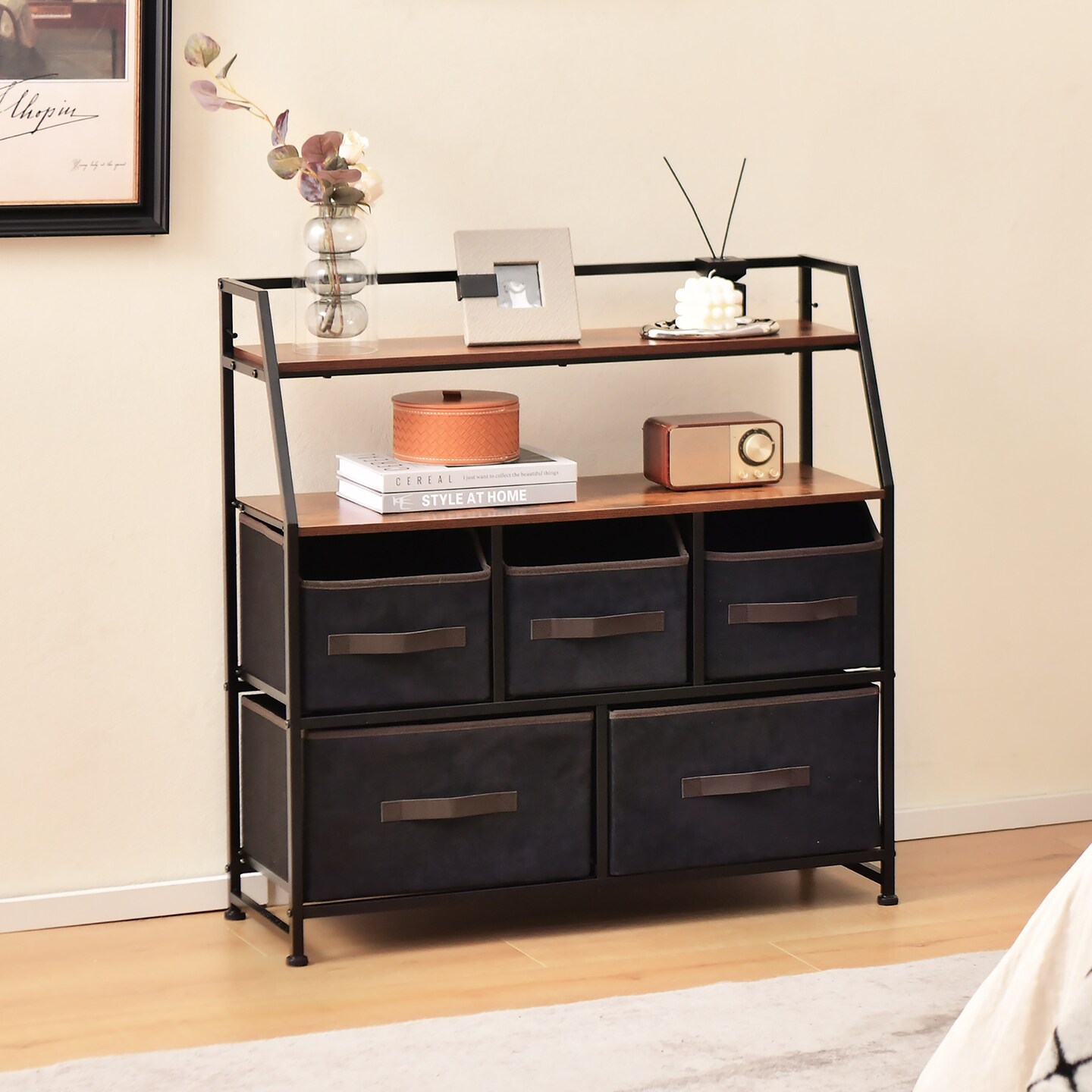 Costway 5-Drawer Storage Dresser Organizer Unit with  Fabric Bin for Living Room Bedroom