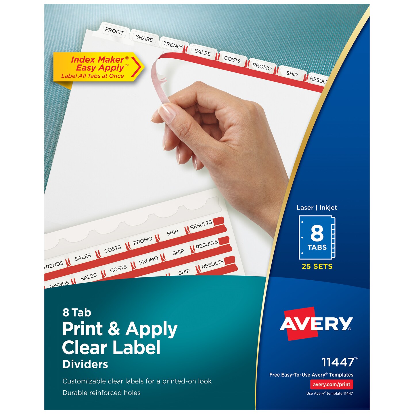 Avery 8 Tab Dividers for 3 Ring Binder, Easy Print &#x26; Apply Clear Label Strip, Index Maker Customizable White Tabs, 25 Sets (11447)