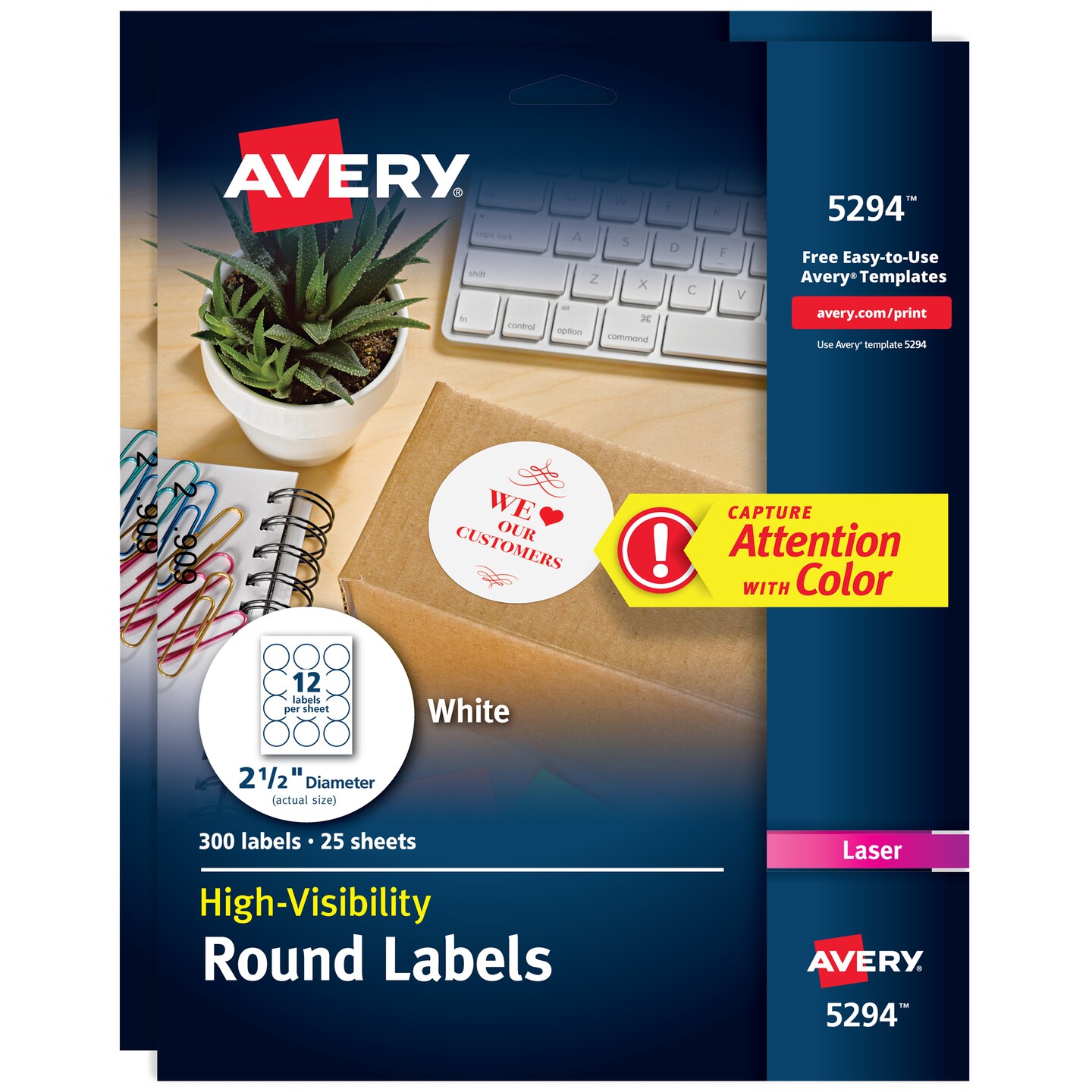 Avery High Visibility Round Labels with Sure Feed for Laser Printers, 2-1/2&#x22; 600 Labels (45294)