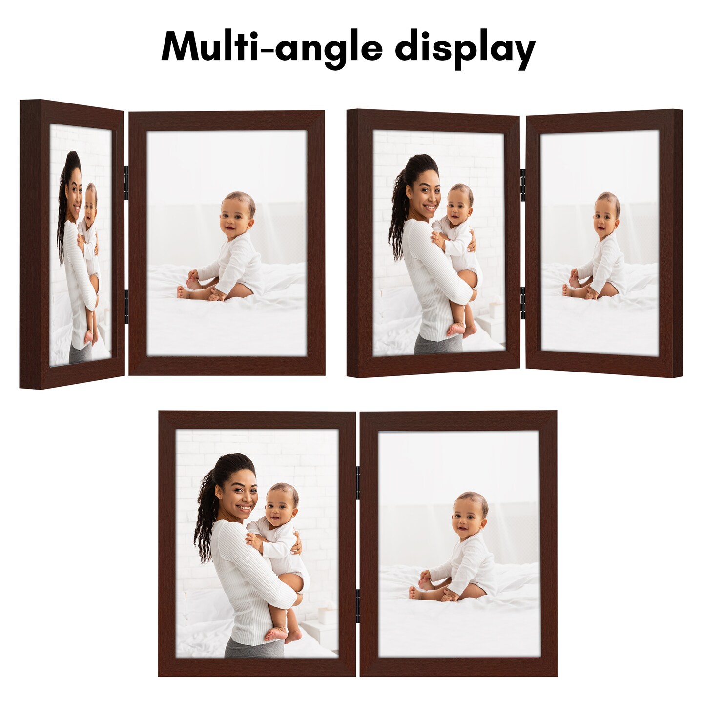 Americanflat Tri-Folding Picture Frame - Displays Two Photos at Once - Double Hinged Picture Frame - Shatter Resistant Glass - Tabletop Display Picture Frame - Black