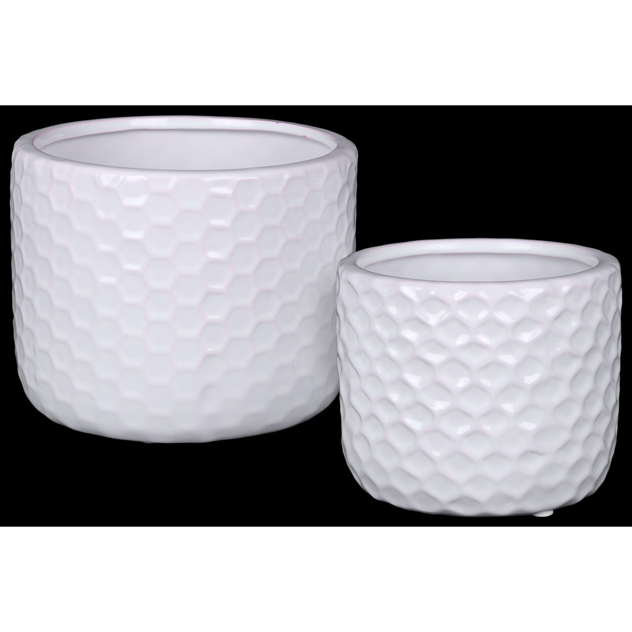 Saltoro Sherpi Ceramic Round Vase  With Engraved Diamond Pattern, Set Of 2, White-