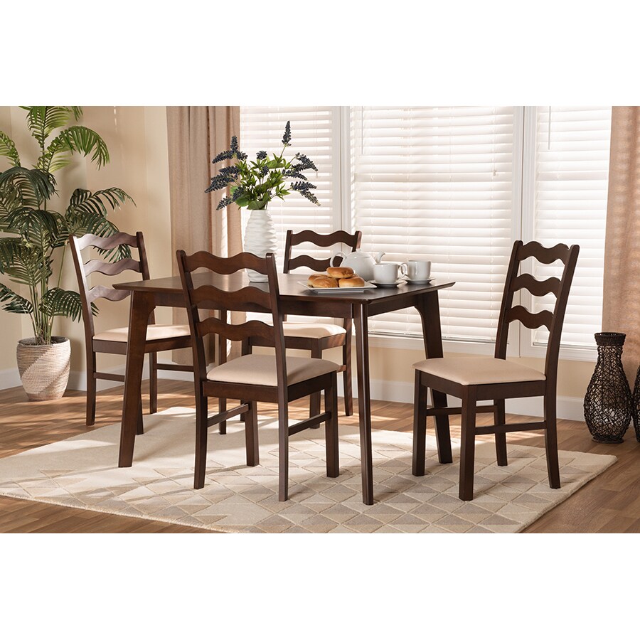 Wholesale Interiors Baxton Studio Amara Mid Century Modern Cream Fabric and Dark Brown Finished Wood 5 Piece Dining Set