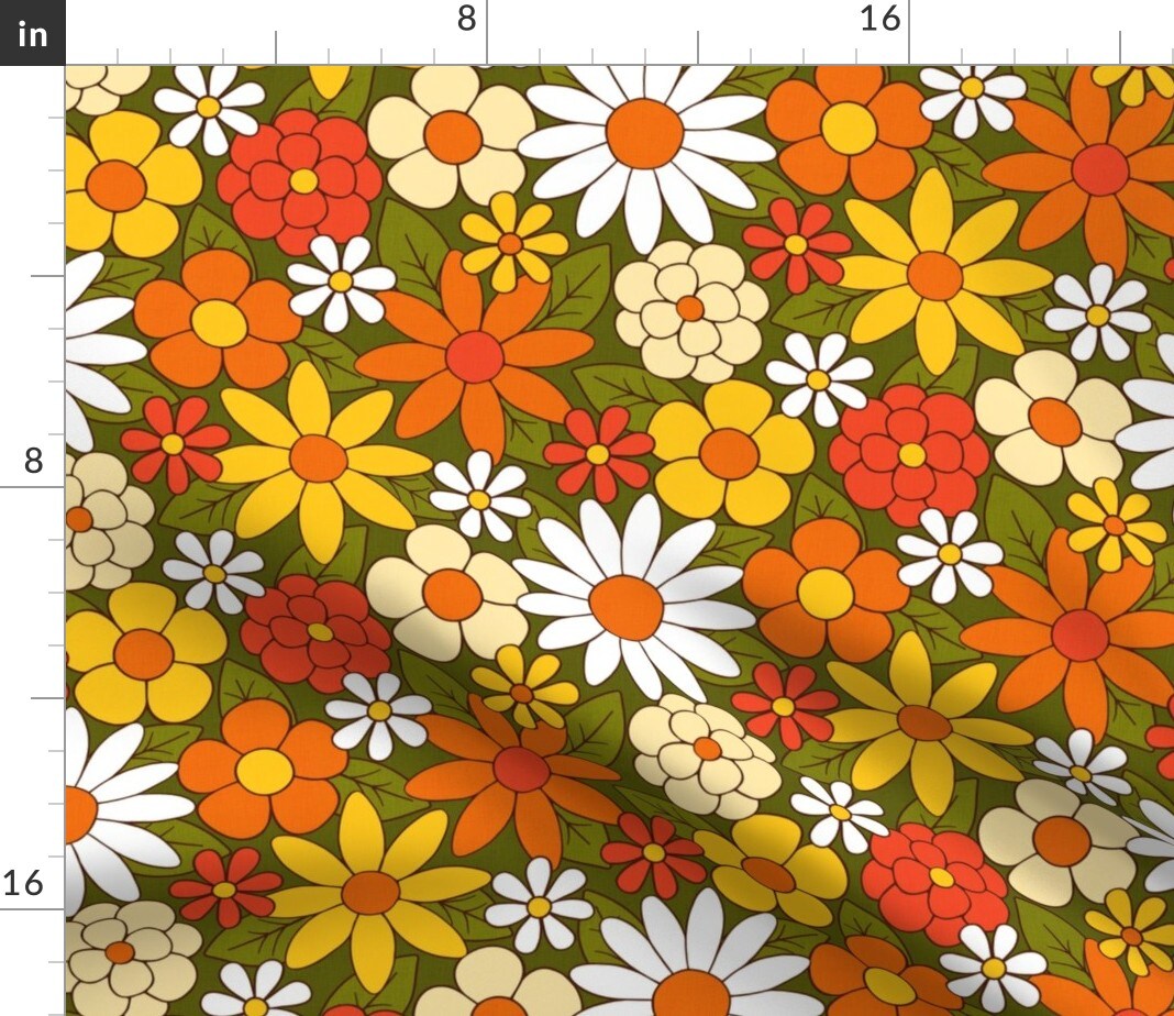 Retro Groovy Botanical Vintage Style Orange Yellow Flowers Green Custom Printed Fabric by Spoonflower Various Fabrics by the Yard or Fat Quarter