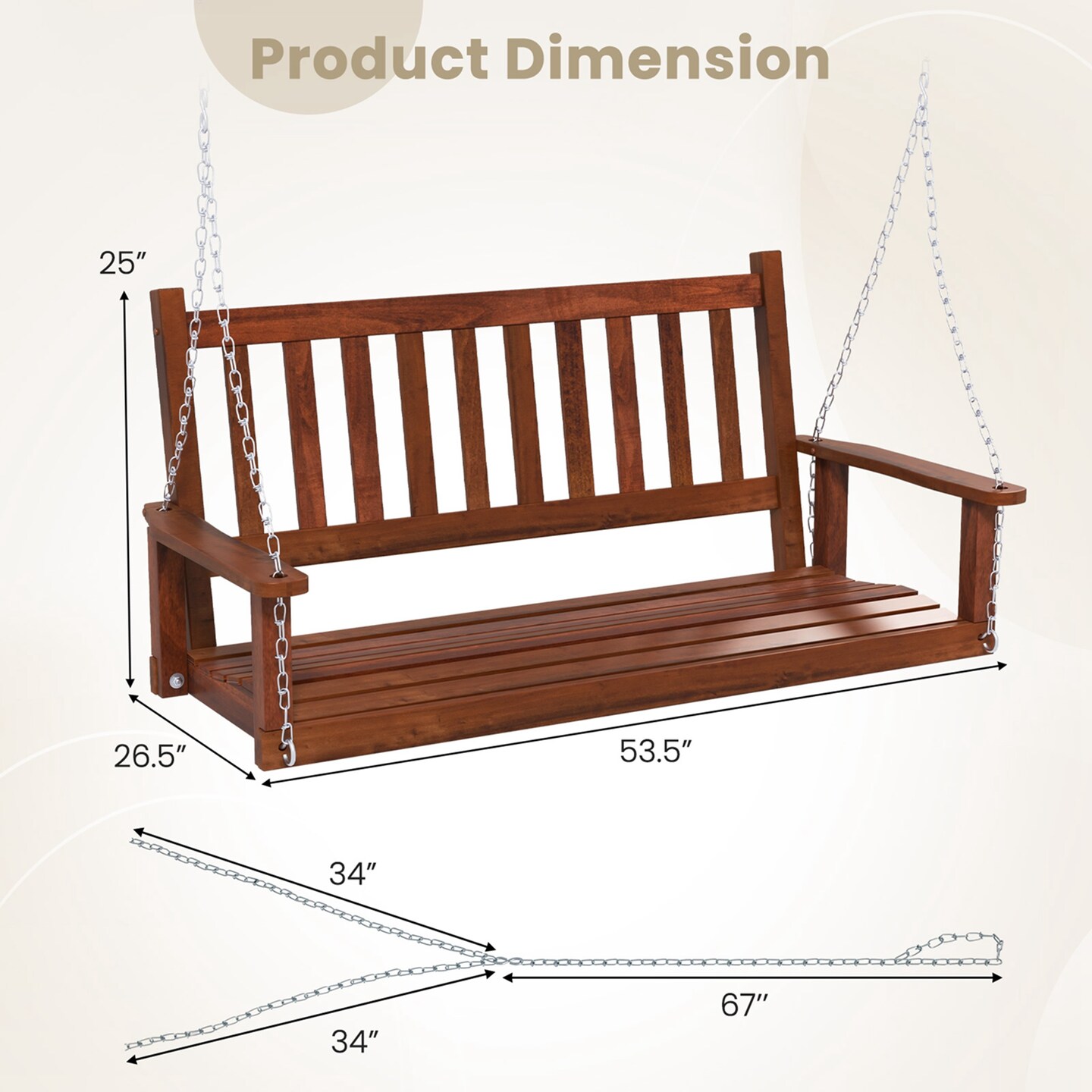 Costway 2-Person Wooden Outdoor Porch Swing Heavy Duty Patio Hanging Bench Chair Brown/White