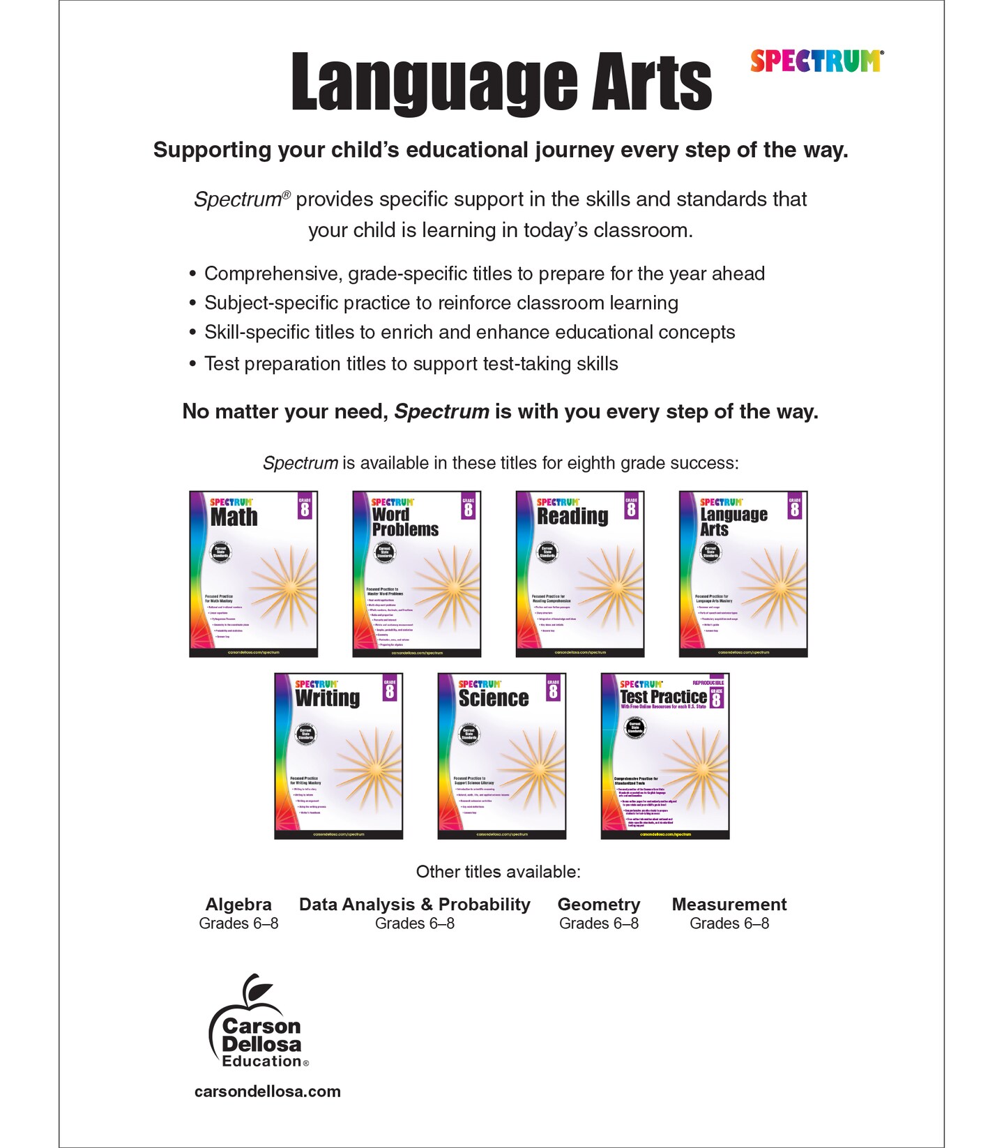 Spectrum Grade 8 Language Arts Workbook, Ages 13-14, Parts of Speech, Vocabulary, Writing Practice, Sentence Building Skills, and Grammar Workbook, 8th Grade Language Arts Workbook for Teens